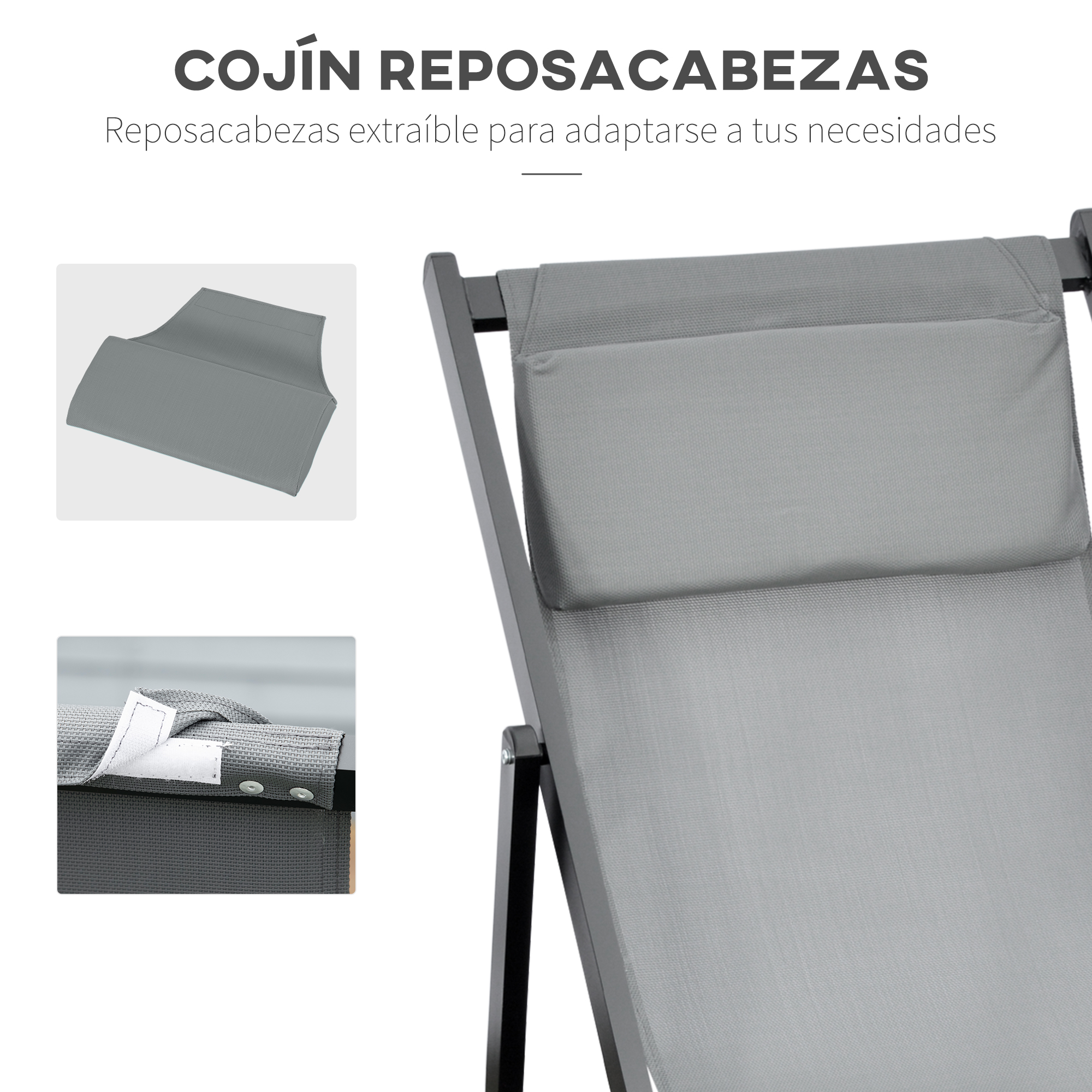 Cojín de reposacabezas gris en tumbona gris con pequeñas imágenes.