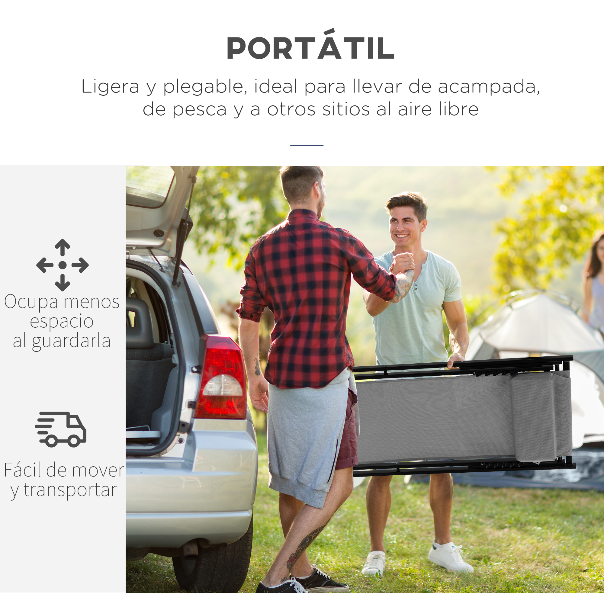 Hombres cargan una cama de camping gris junto a un coche, con tiendas de campaña.