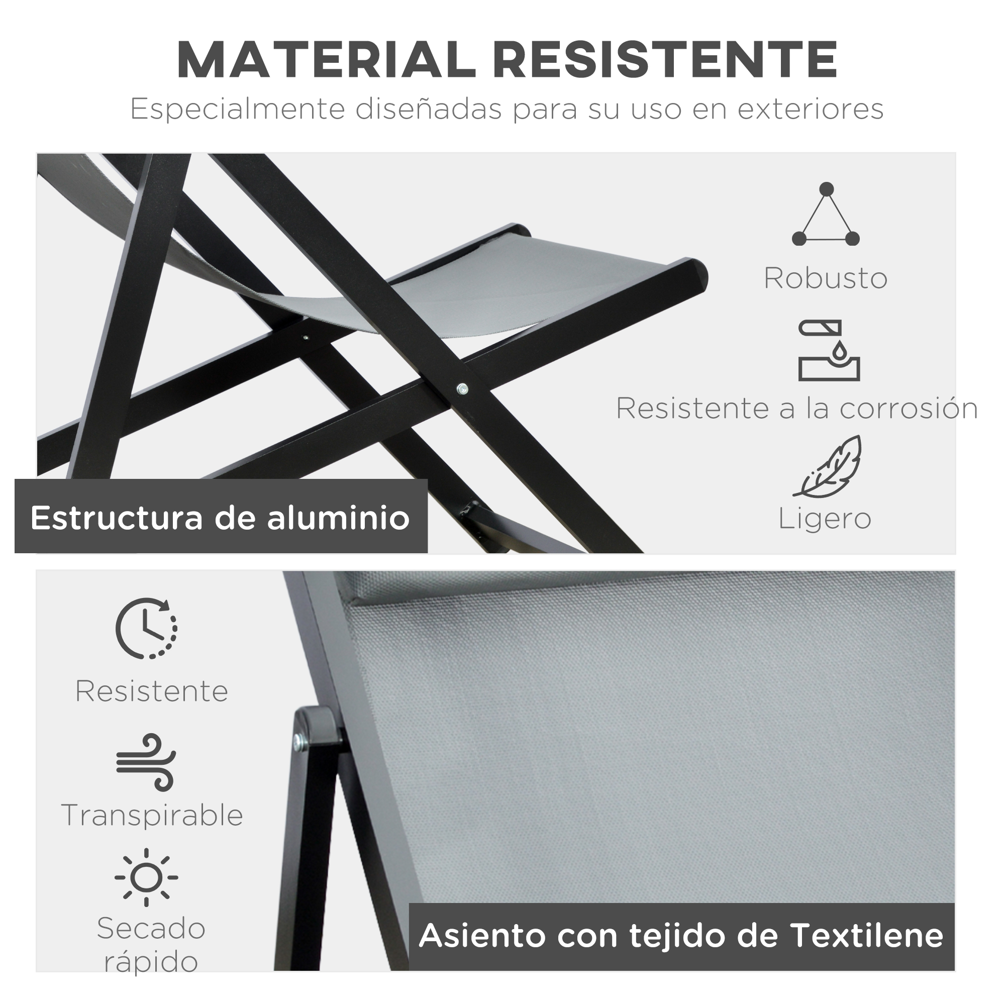 Silla con estructura de aluminio y asiento de Textilene, robusta.