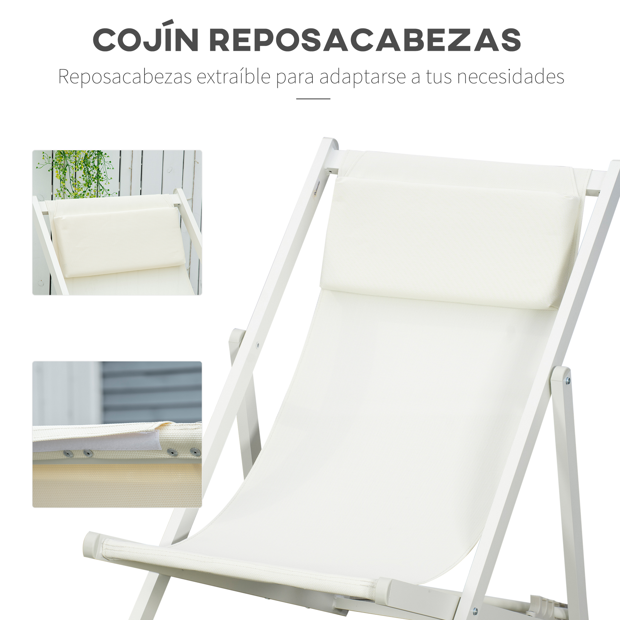 Una tumbona blanca con cojín extraíble, mostrando detalles de tela y metal.