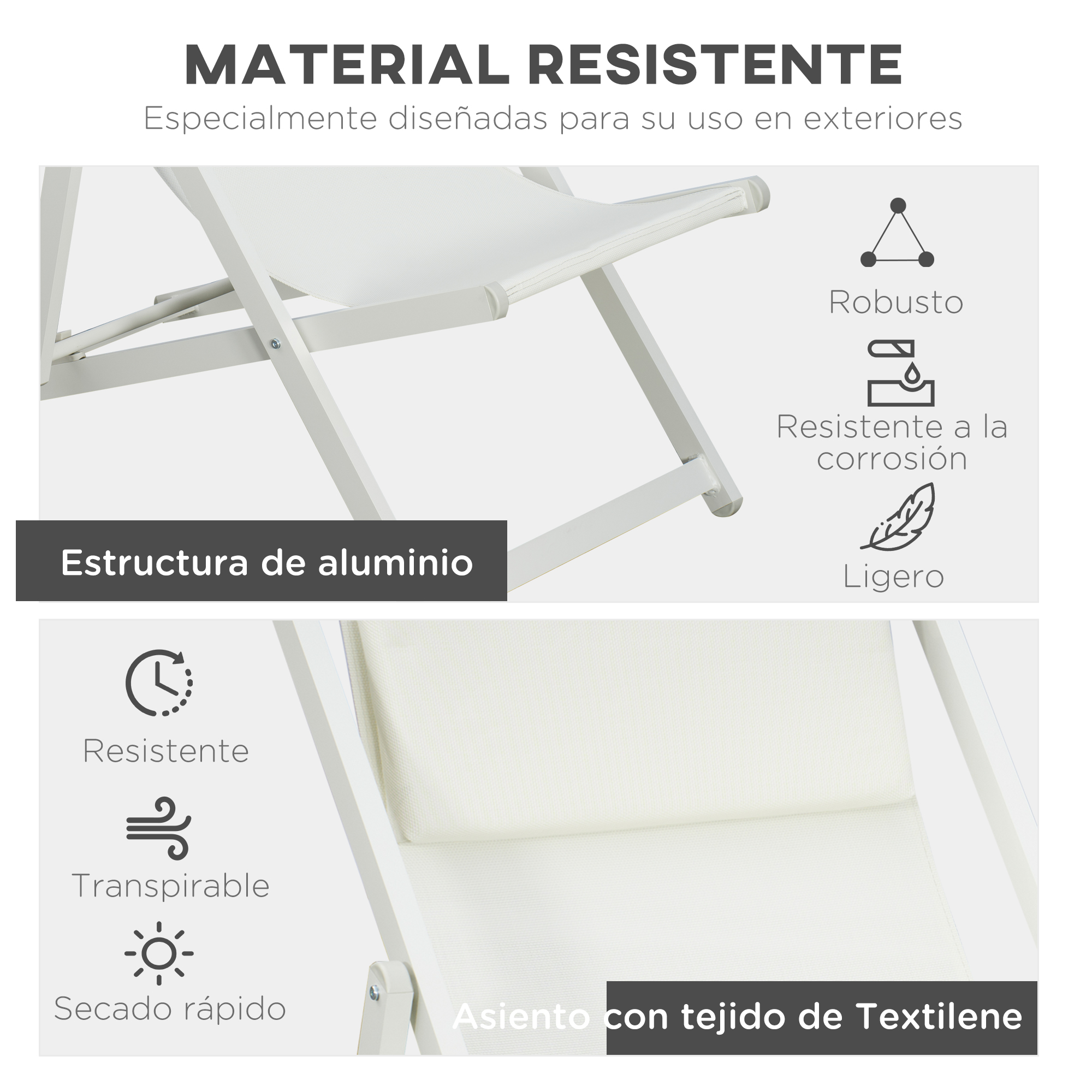 Tumbona de aluminio blanco con asiento de tejido Textilene, características: Robusto, resistente a la corrosión.