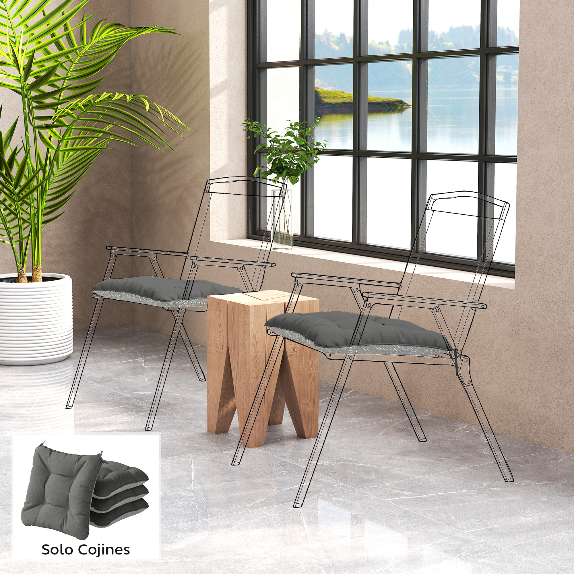 Habitación moderna con sillas de alambre, planta en maceta y ventana grande con vista al lago.