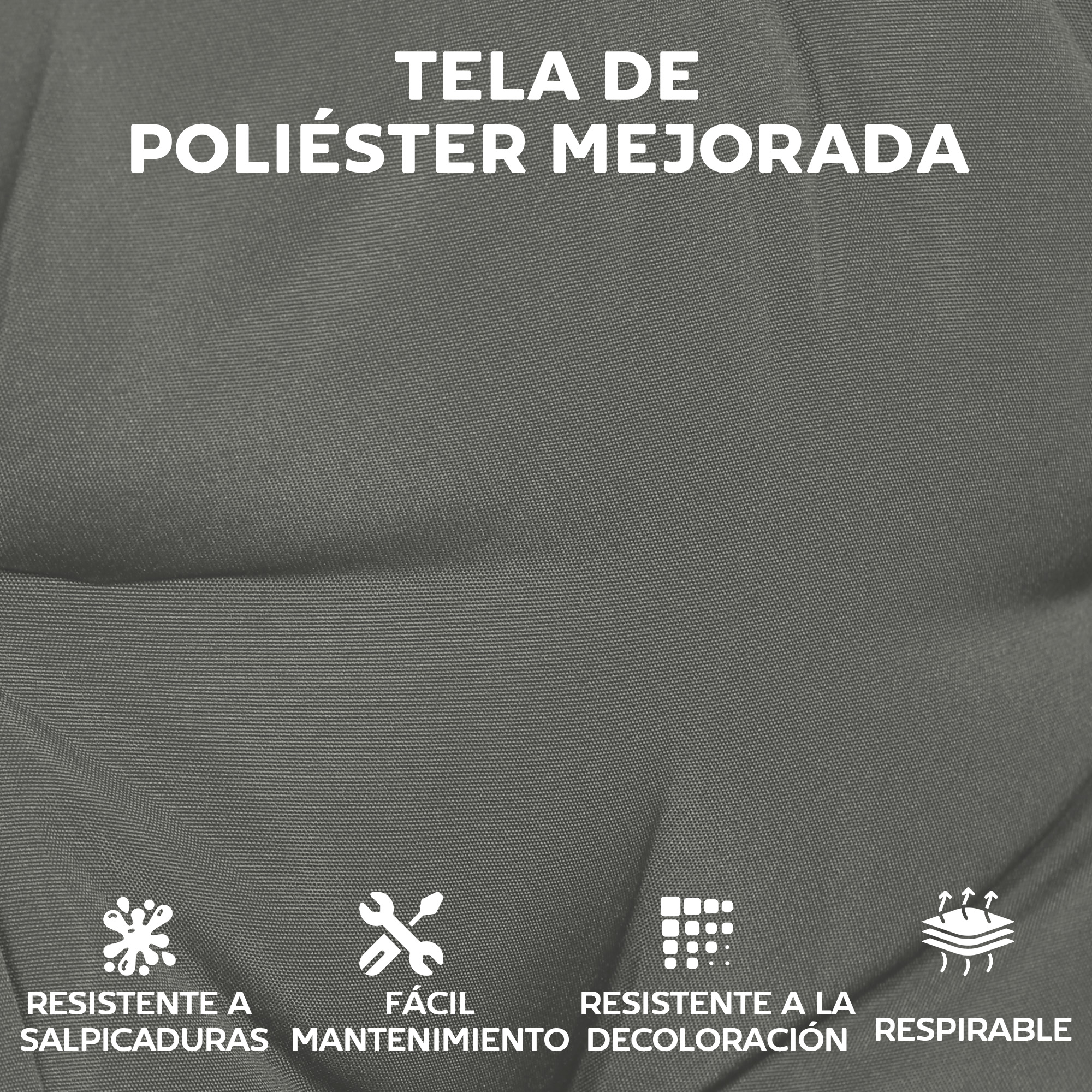 Tela de poliéster gris con iconos blancos: resistente a salpicaduras, fácil cuidado, resistente a la decoloración.