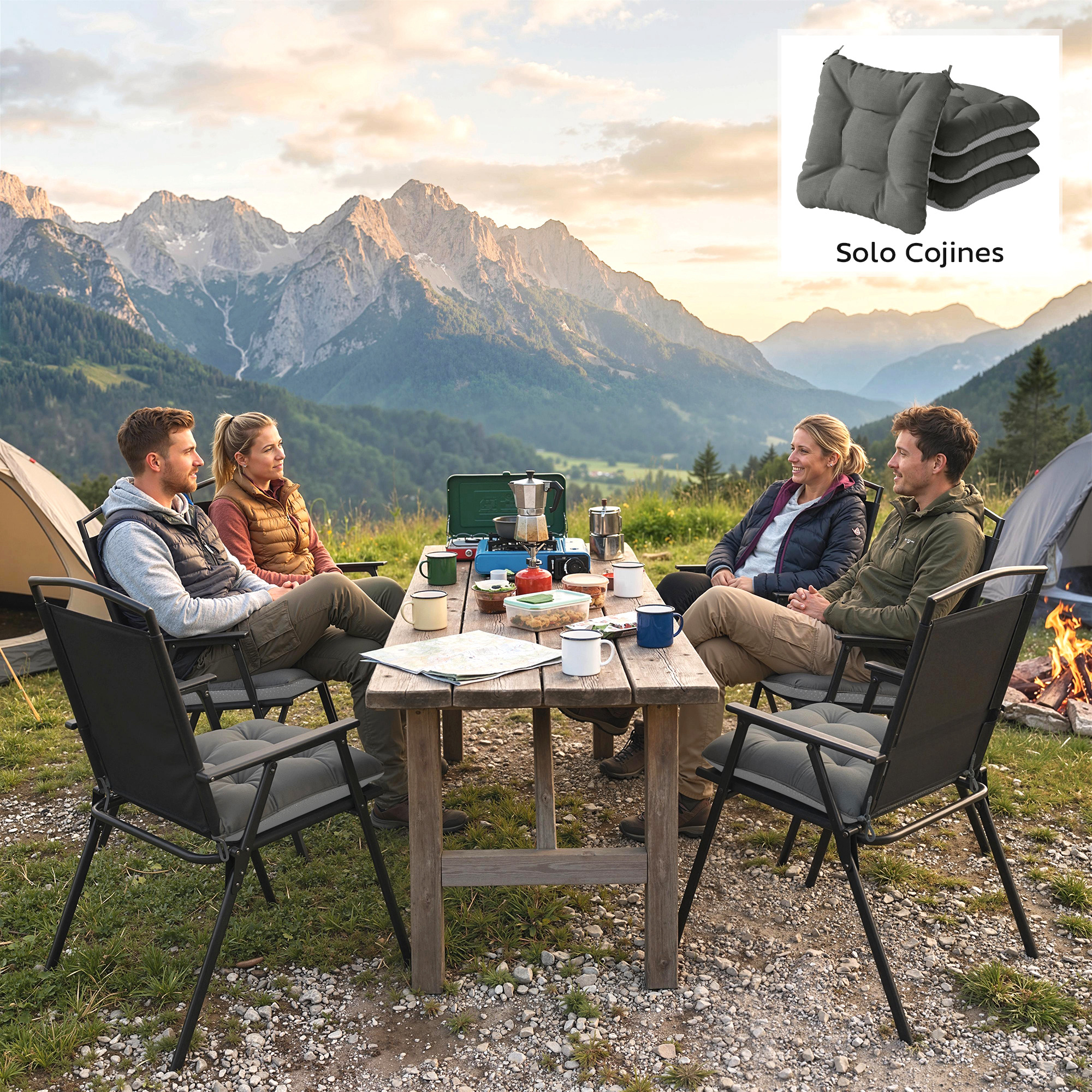 Cuatro personas acampan en las montañas, sentadas en una mesa de madera con comida y bebidas.