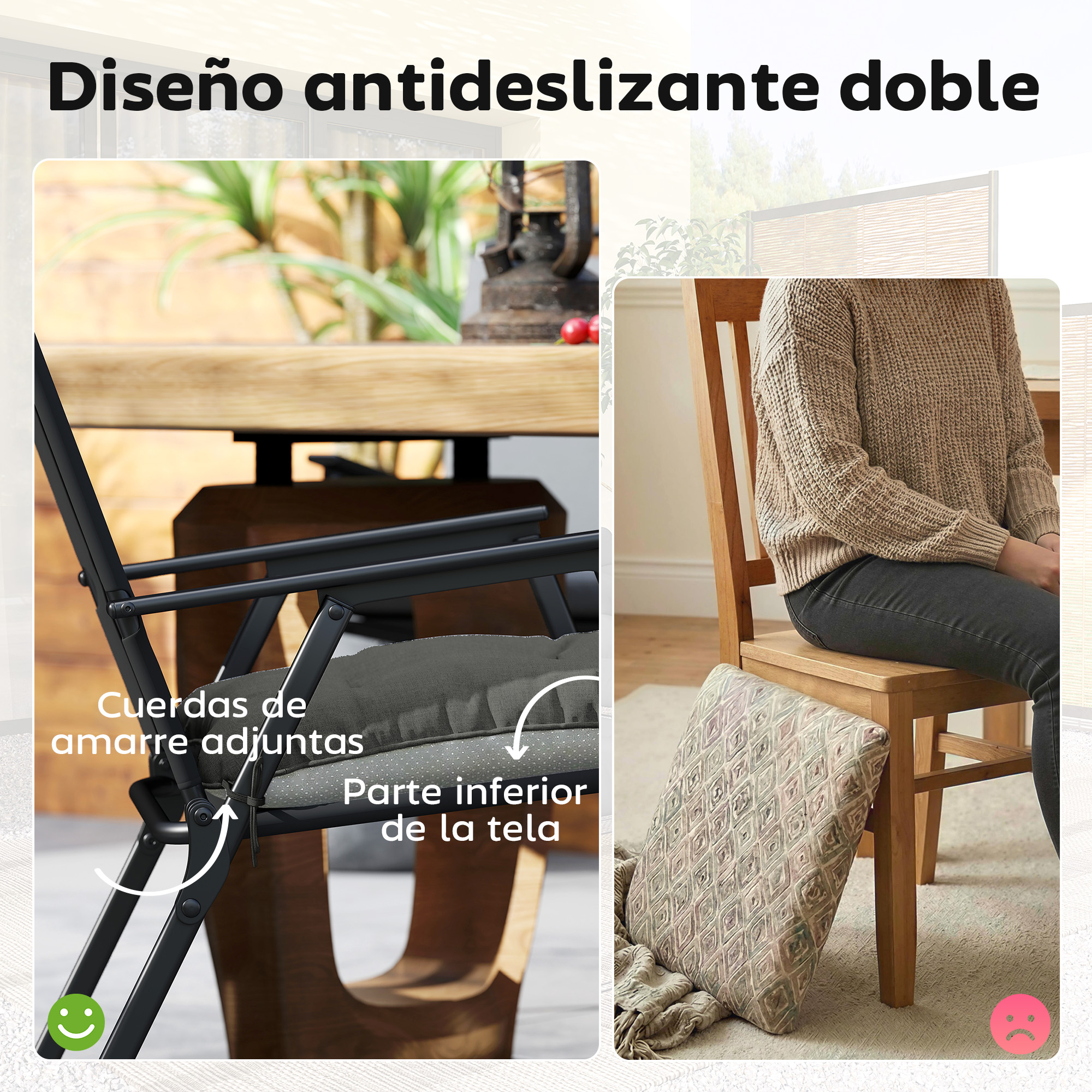 Una silla negra con cojines y una persona con suéter en silla de madera.