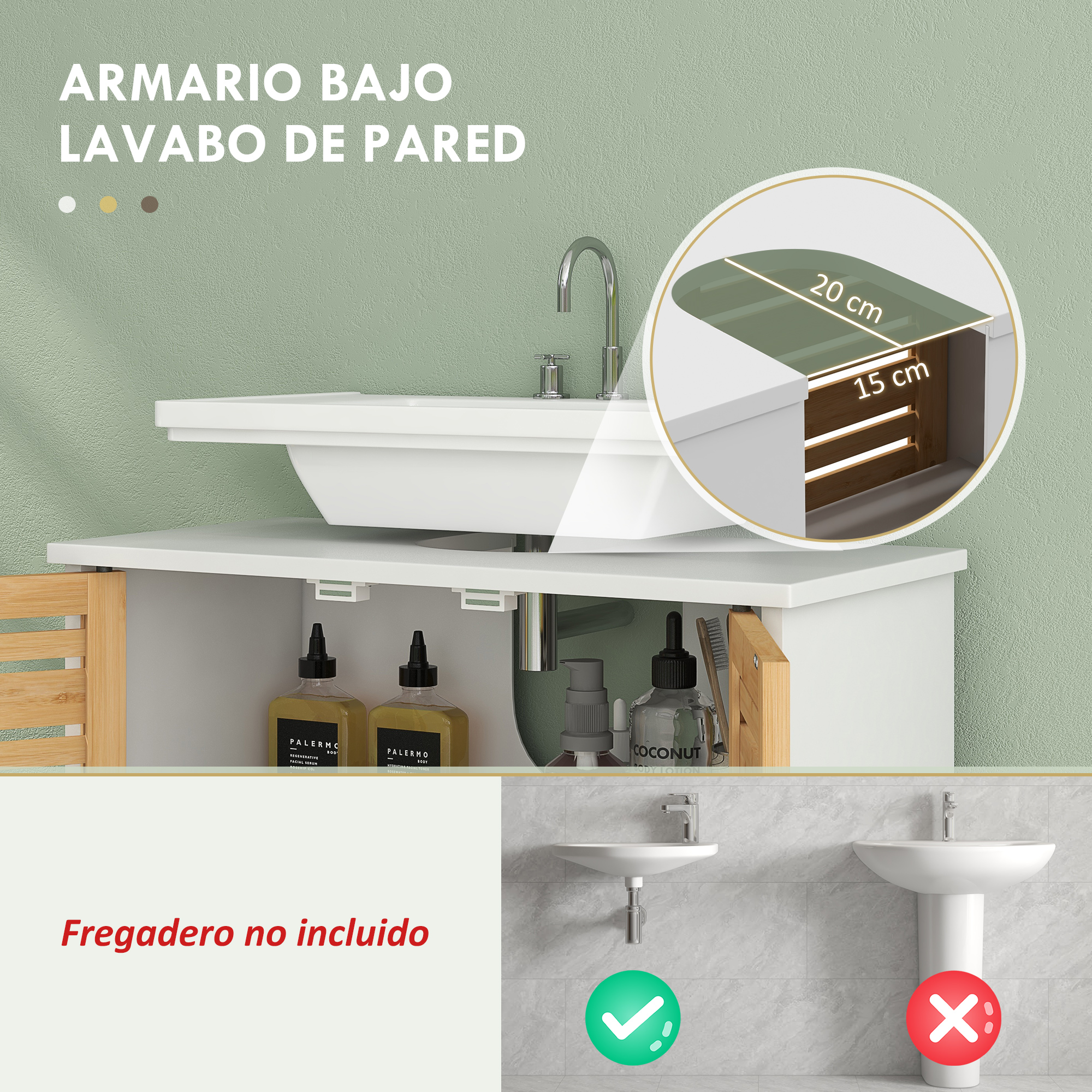 Un mueble de lavabo con pared de azulejos y medidas.
