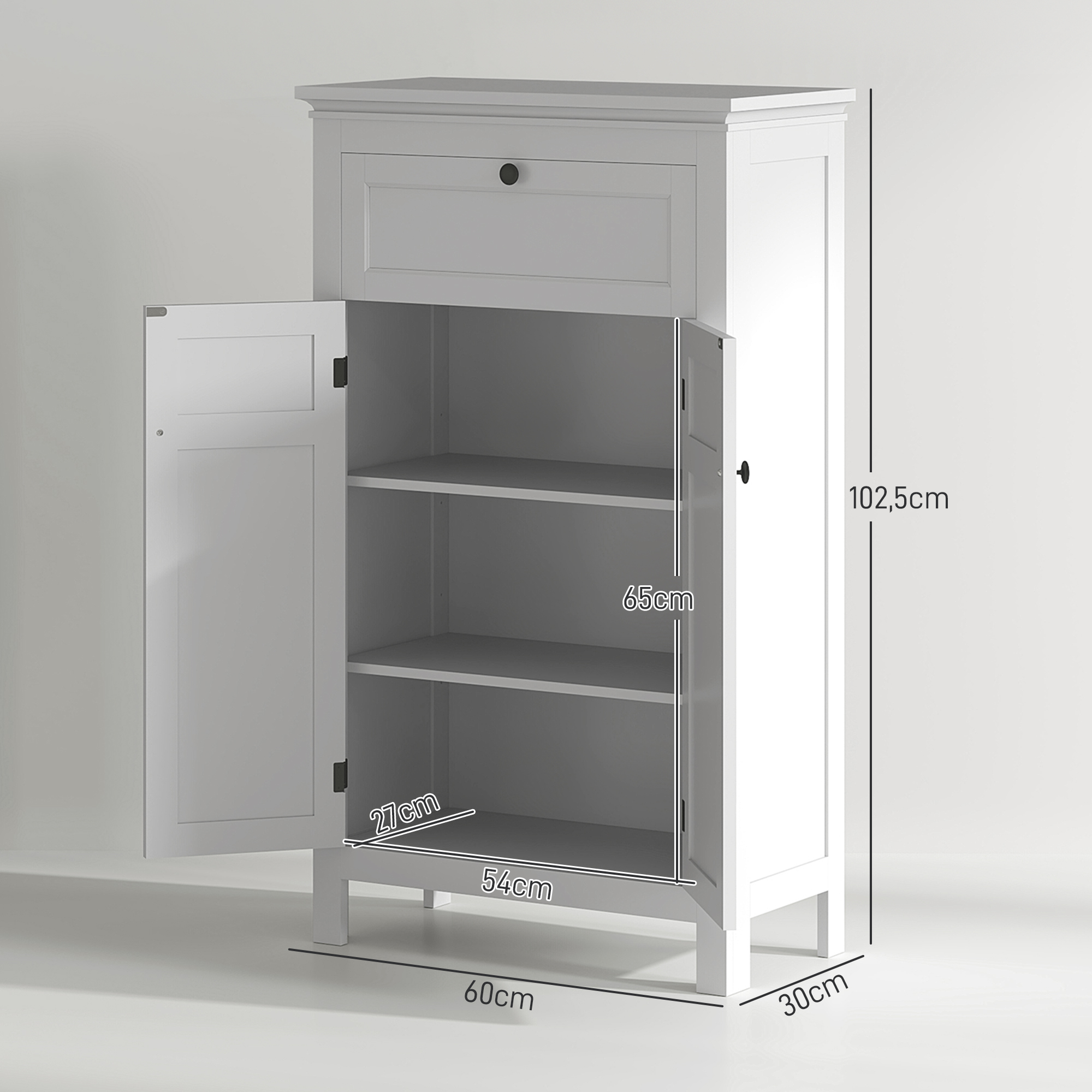 Un armario blanco con puertas abiertas y estantes, se indican las dimensiones.