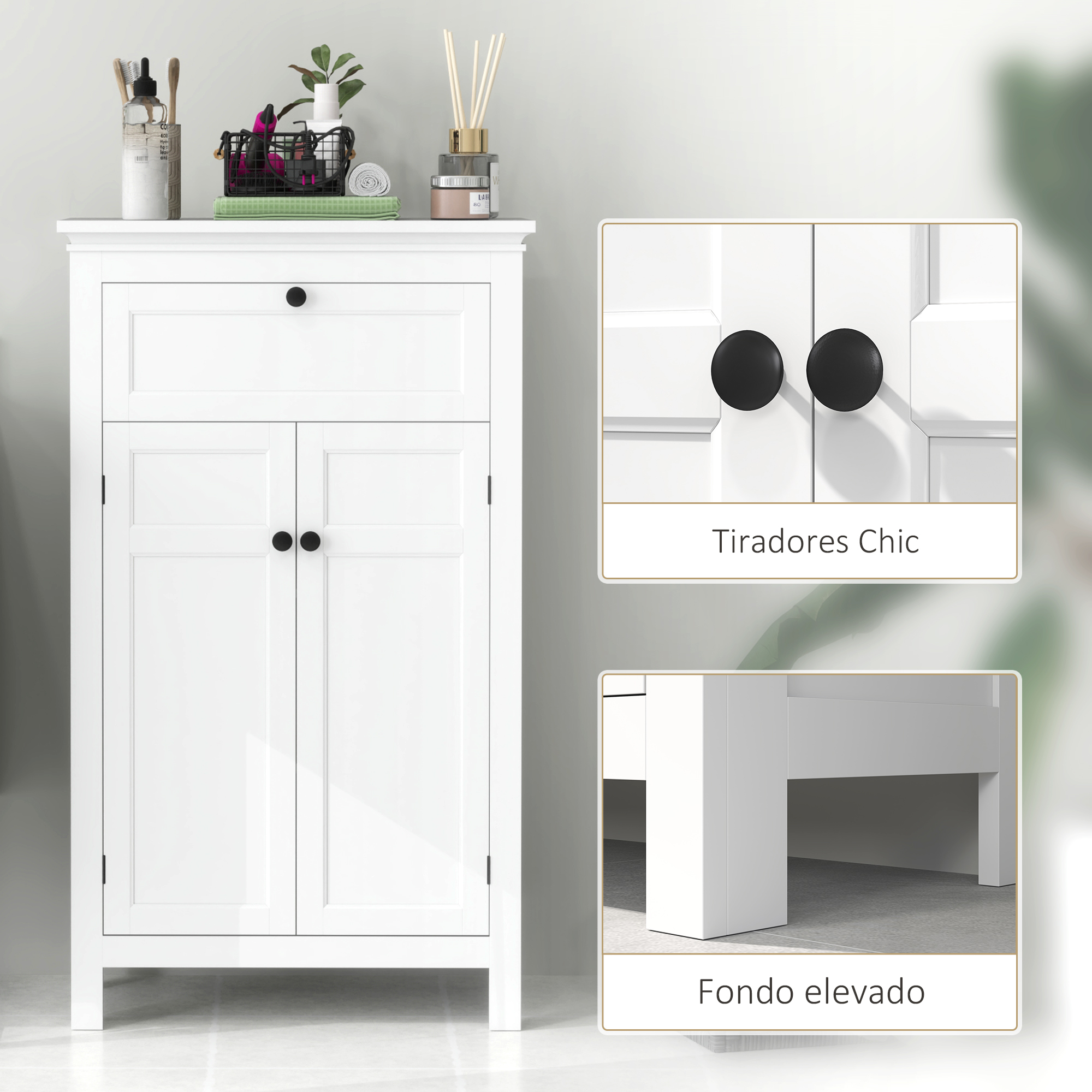 Un armario blanco con dos puertas y un cajón, con tiradores negros.