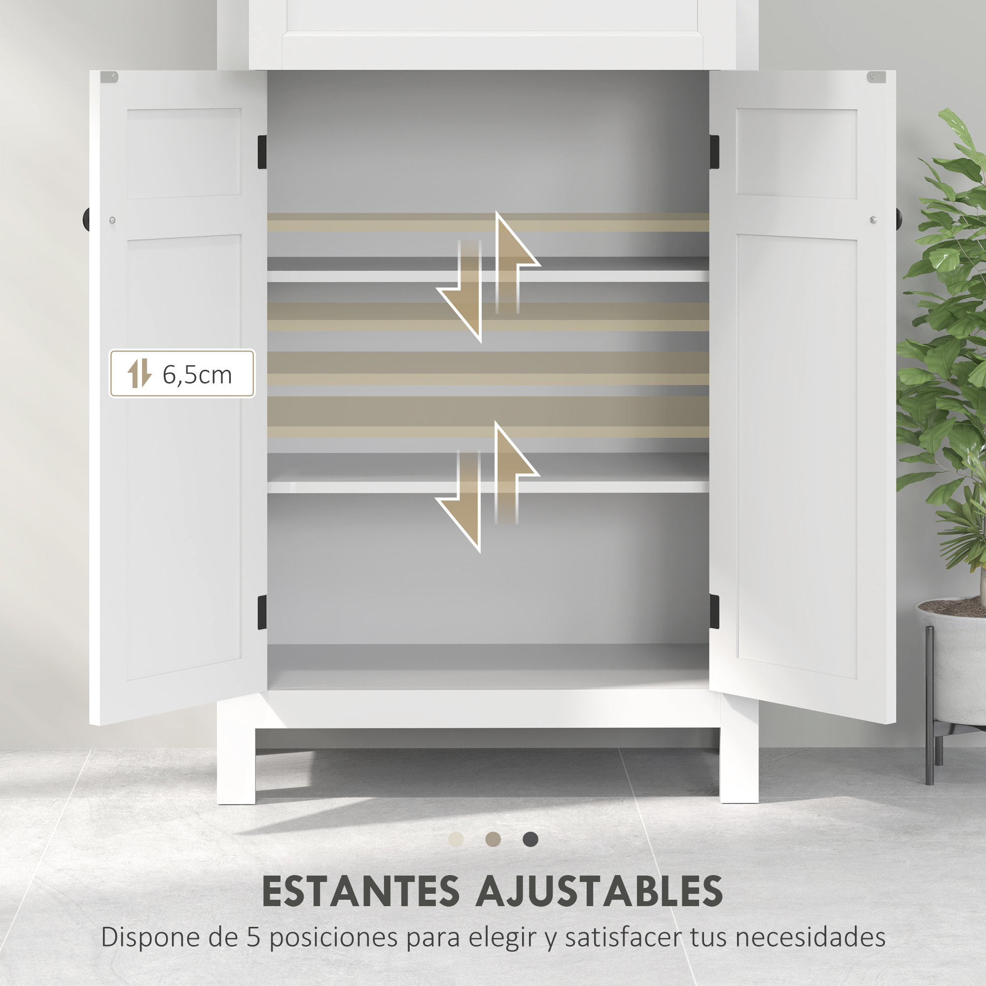 Armario blanco con puertas abiertas que muestran estantes ajustables. Hay una planta.