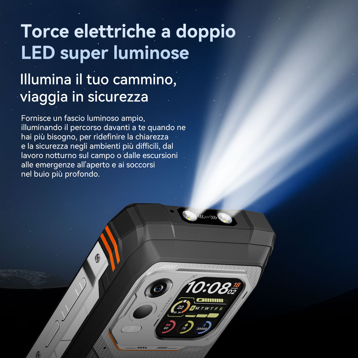 Uno smartphone robusto illumina la notte con due LED luminosi.