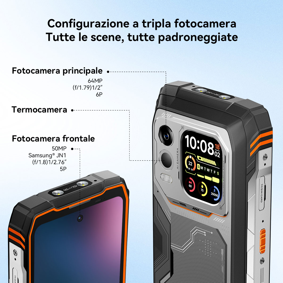 Uno smartphone robusto con tre fotocamere: principale, termica e frontale, con specifiche.