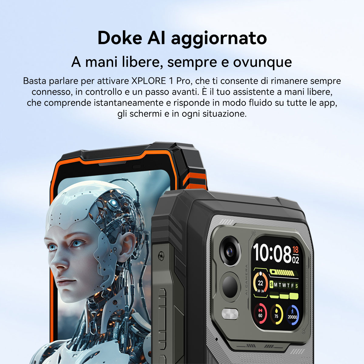 Primo piano di uno smartphone robusto con volto IA e ora 10:08.