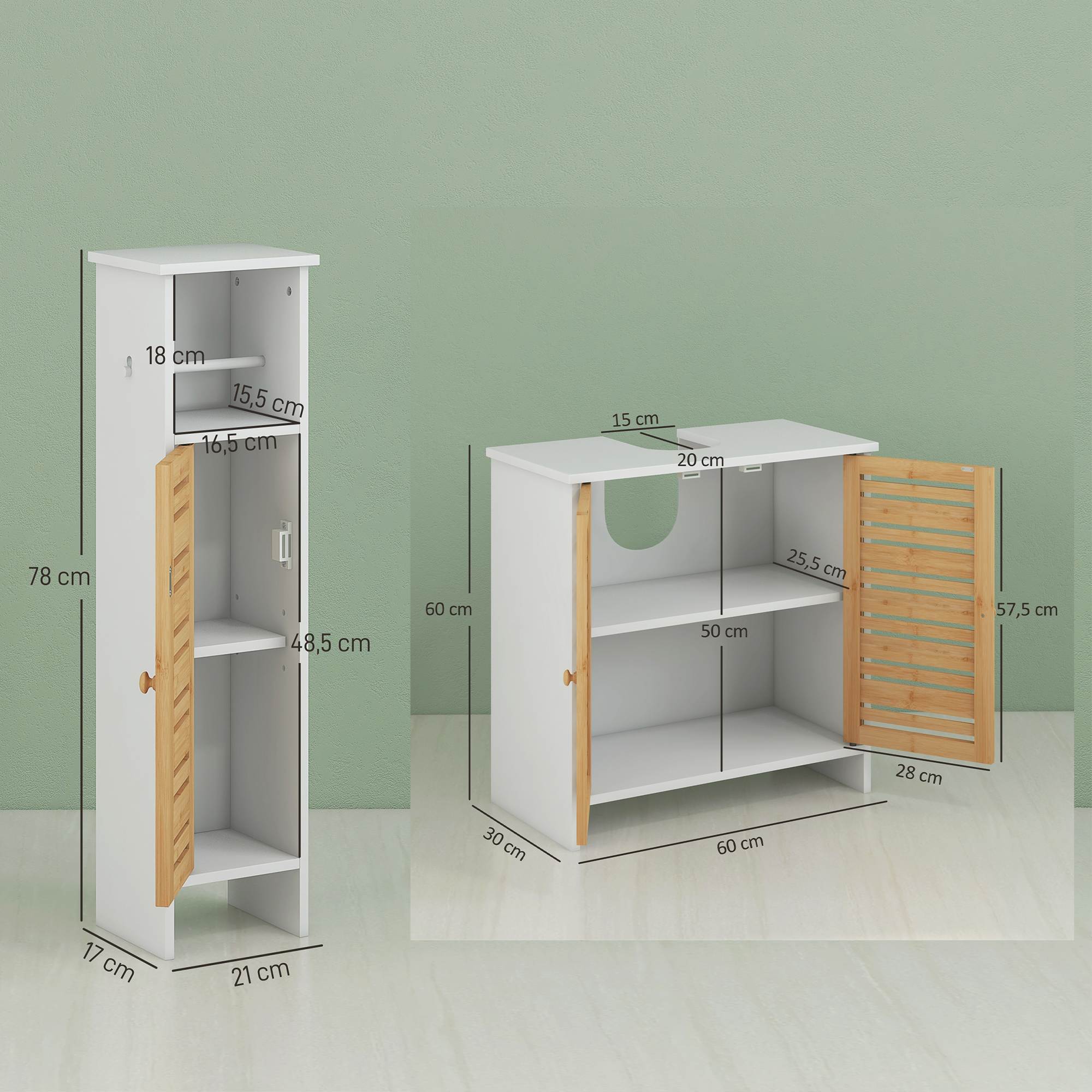Dos armarios blancos con puertas de bambú, mostrando dimensiones sobre fondo verde.