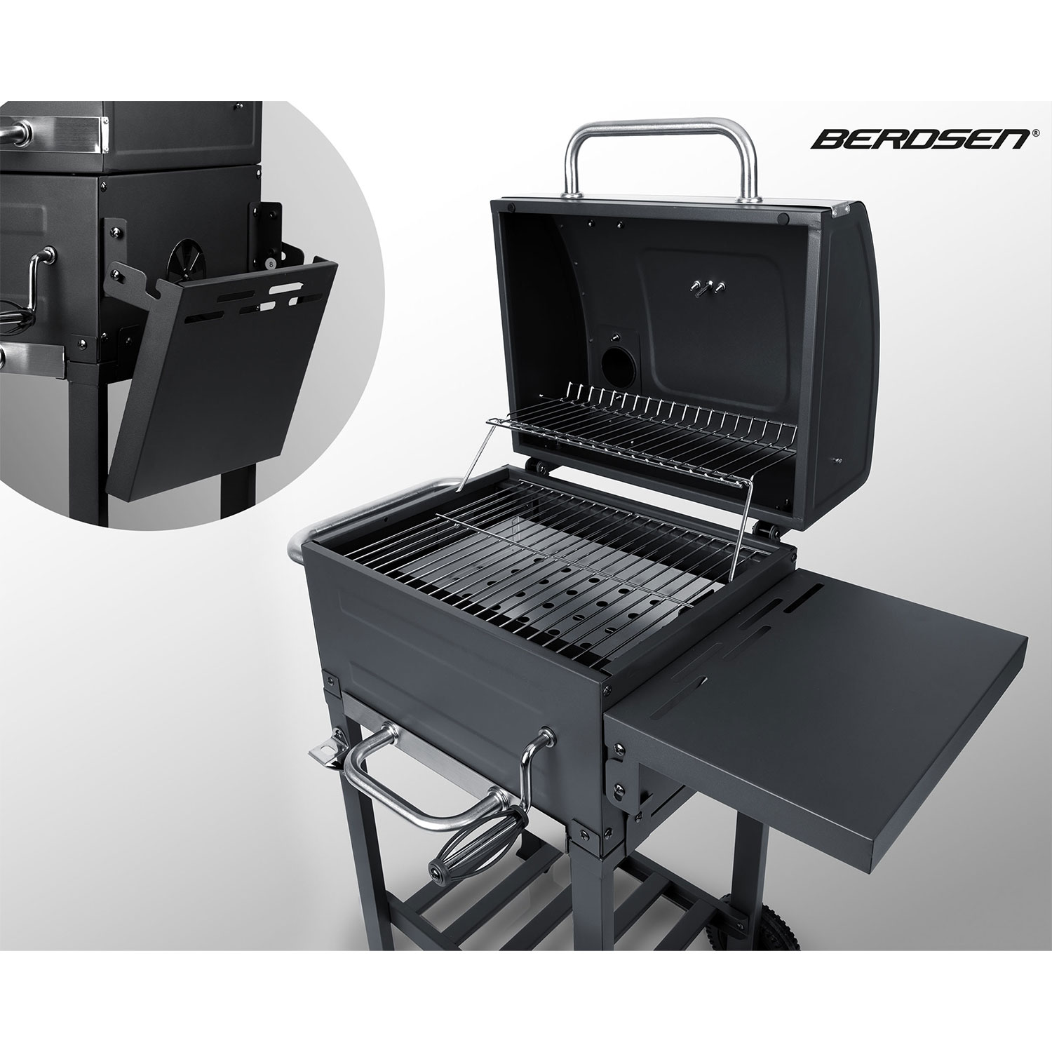 Ciemny grill z otwartą pokrywą, rusztem i półką. Obok zbliżenie.