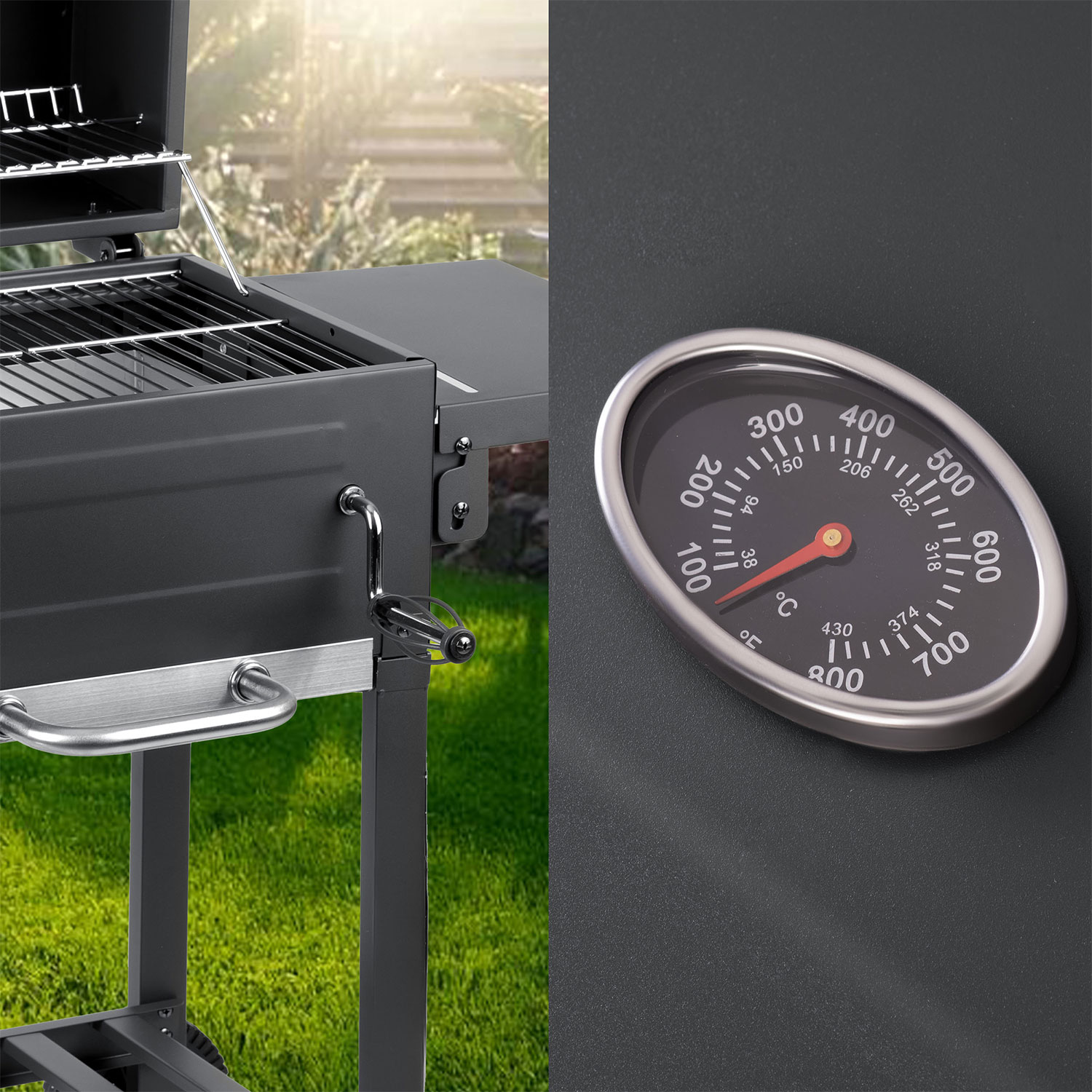 Część ciemnego grilla z otwartą pokrywą i termometrem.