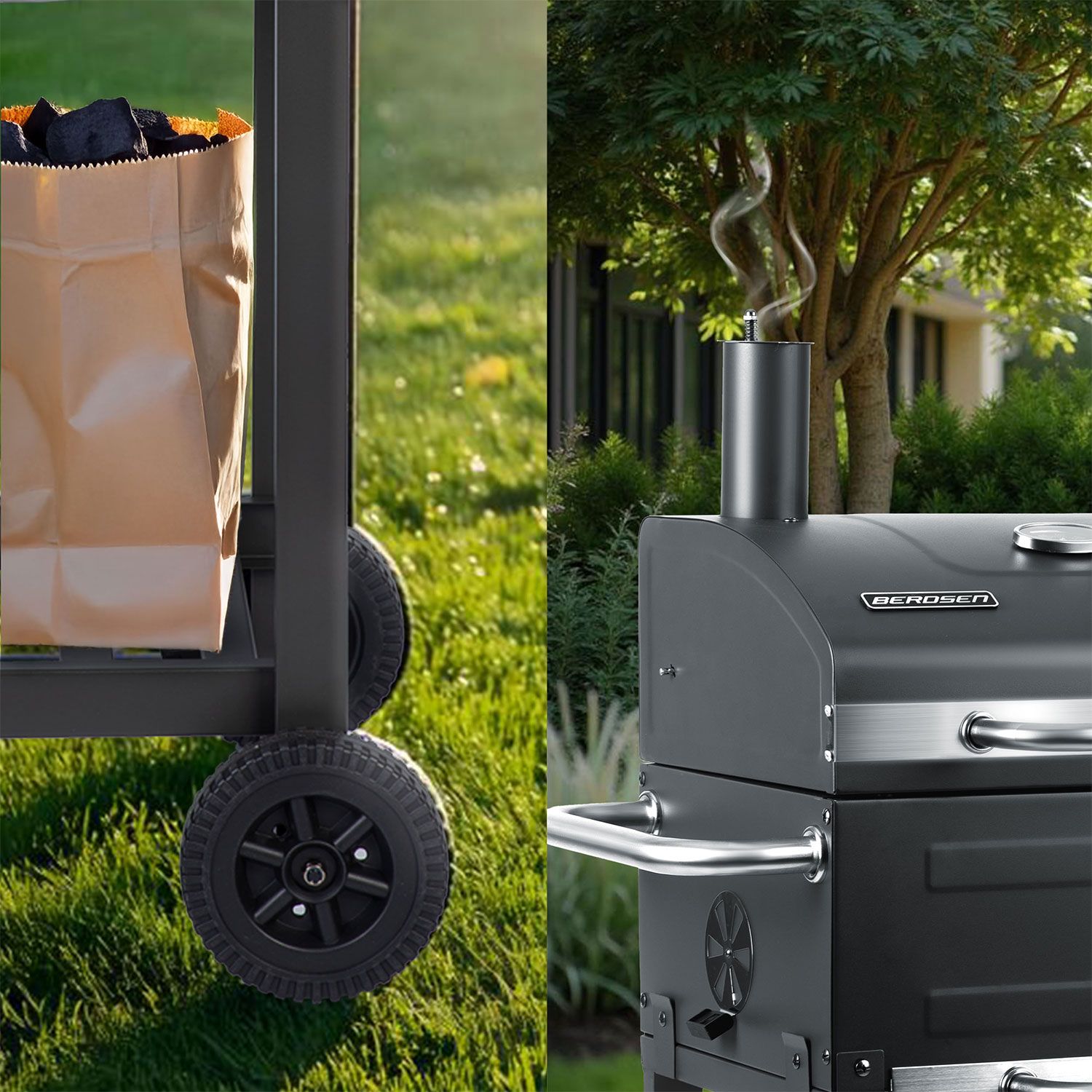 Kolaż: Lewo worek węgla drzewnego na wózku z kołami. Prawo grill wędzarniczy z dymem.