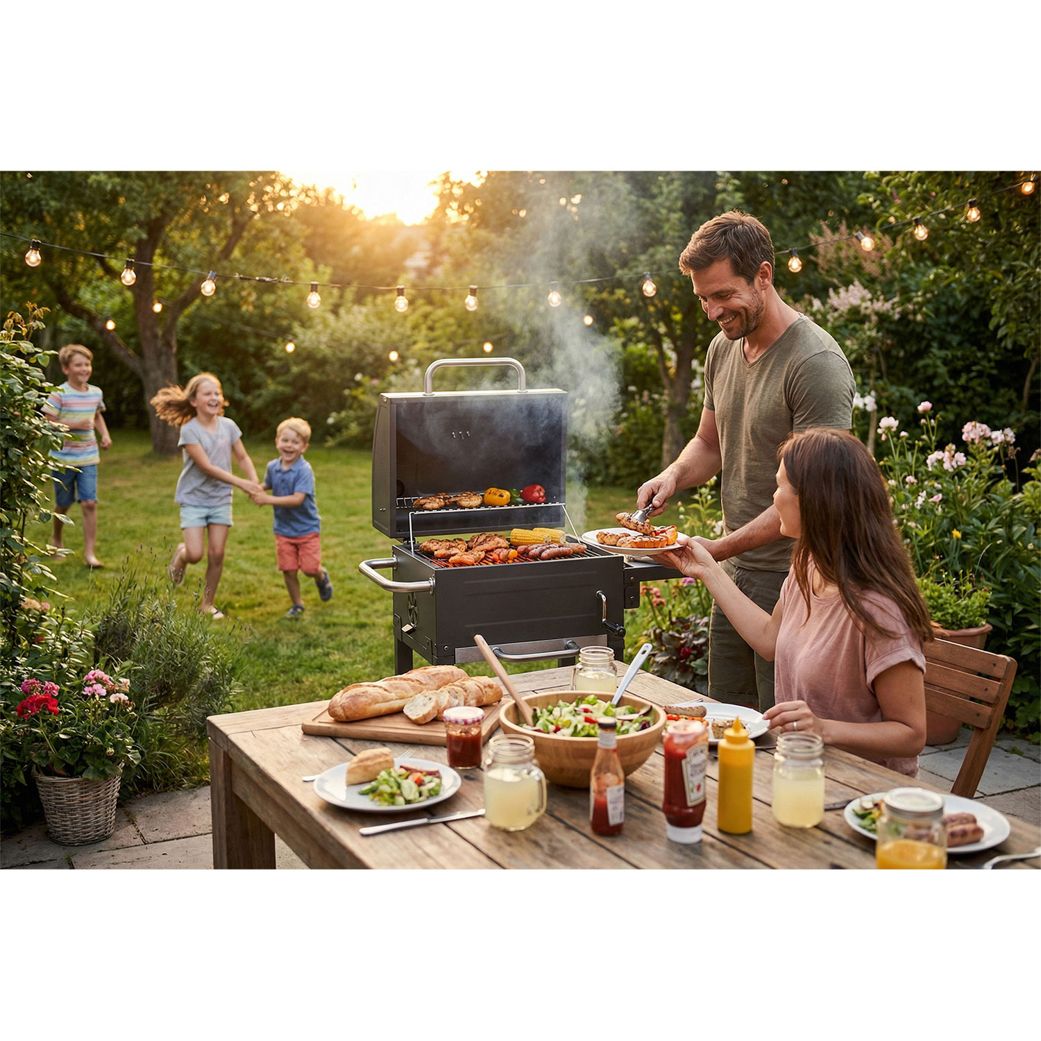 Grill rodzinny w ogrodzie. Dorośli grillują, dzieci się bawią. Jedzenie na stole.