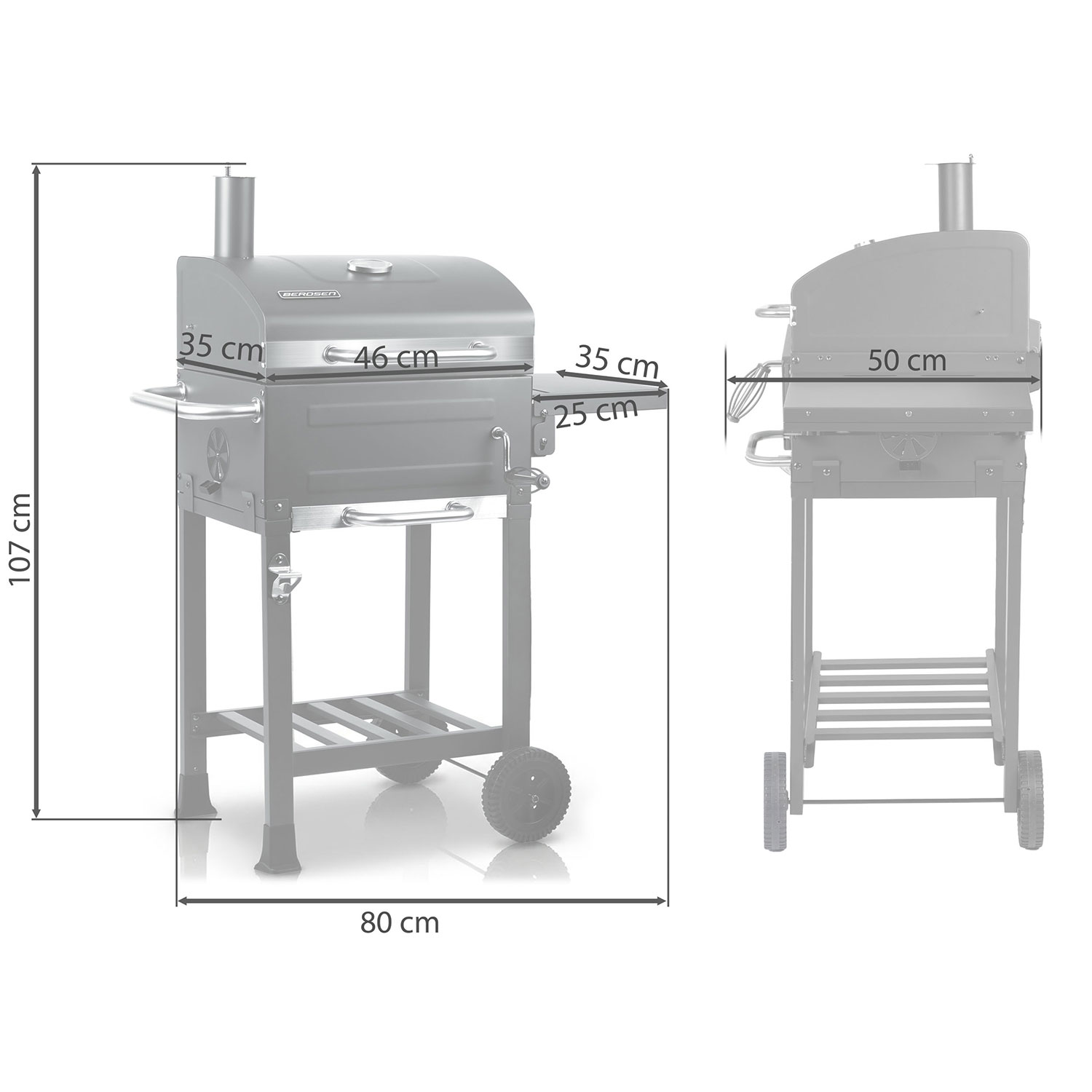 Grill o wymiarach: wys. 107 cm, szer. 80 cm, gł. 35 cm. Powierzchnia grillowania 46x35 cm.