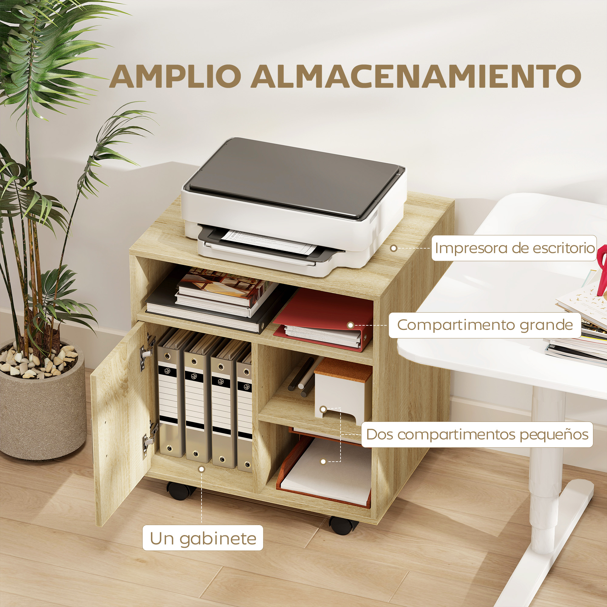 Un gabinete de madera con impresora, carpetas y libros junto a una planta.