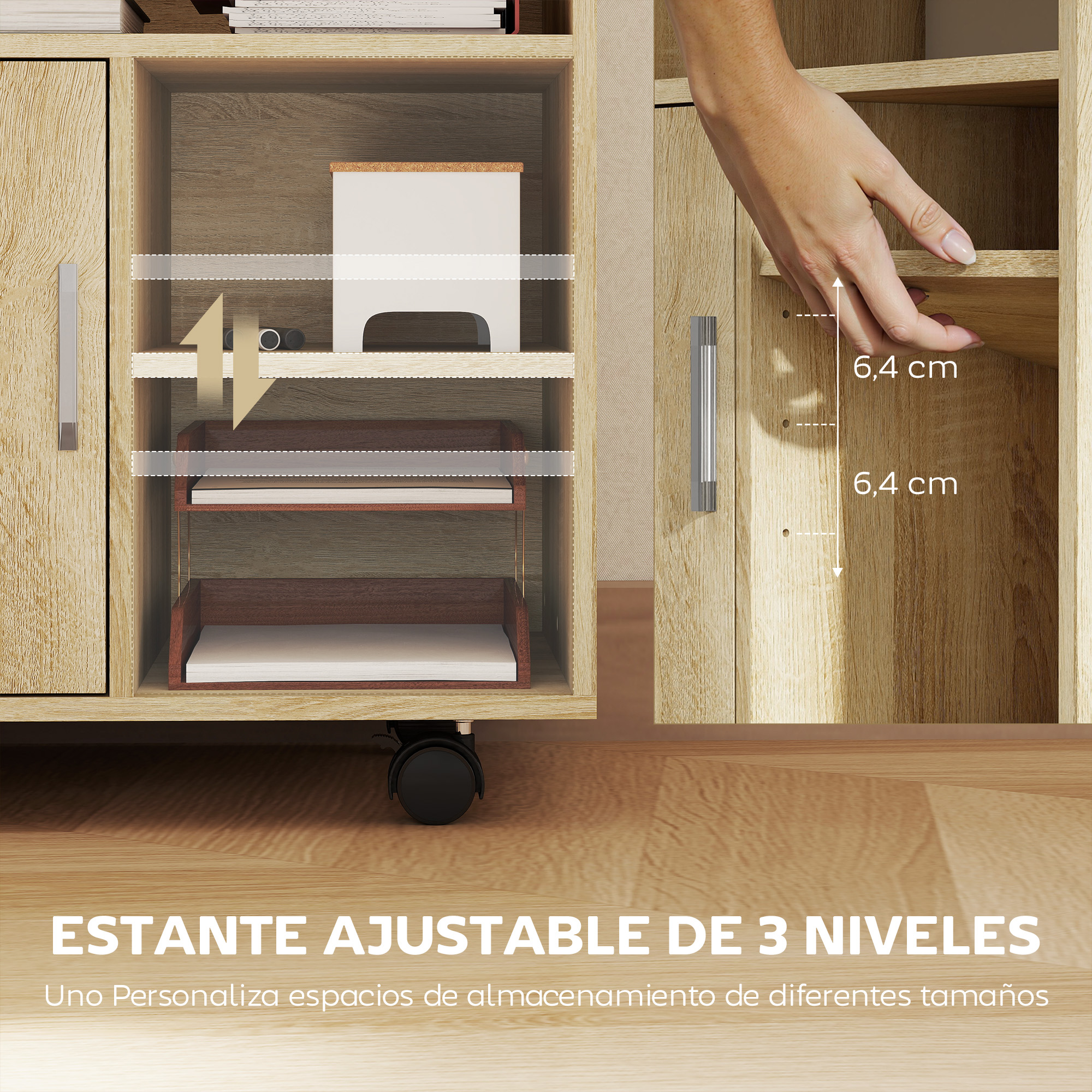 Mueble de madera con estantes y cajones ajustables. Medidas mostradas.