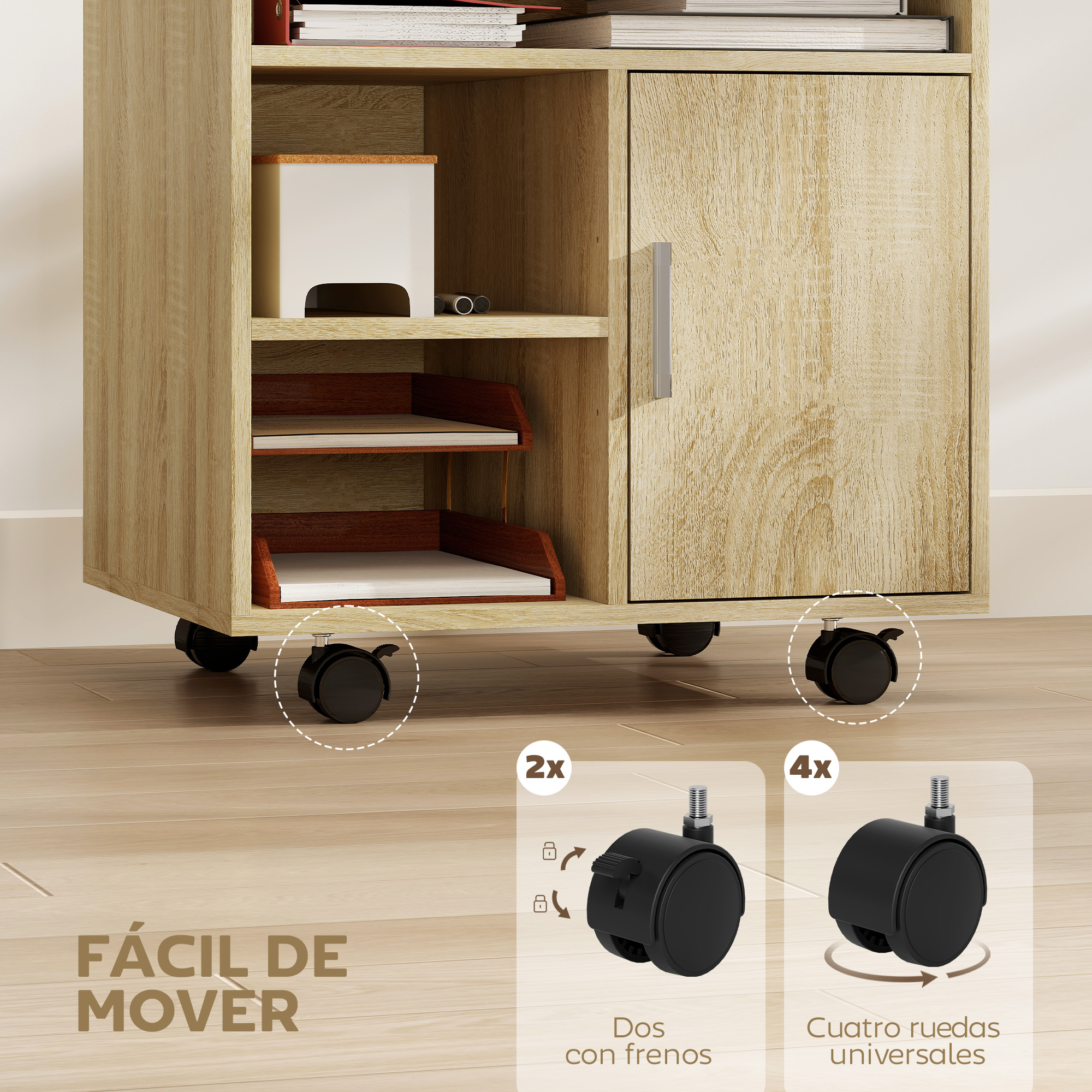 Un mueble rodante de madera con estantes y una puerta, mostrado sobre ruedas.