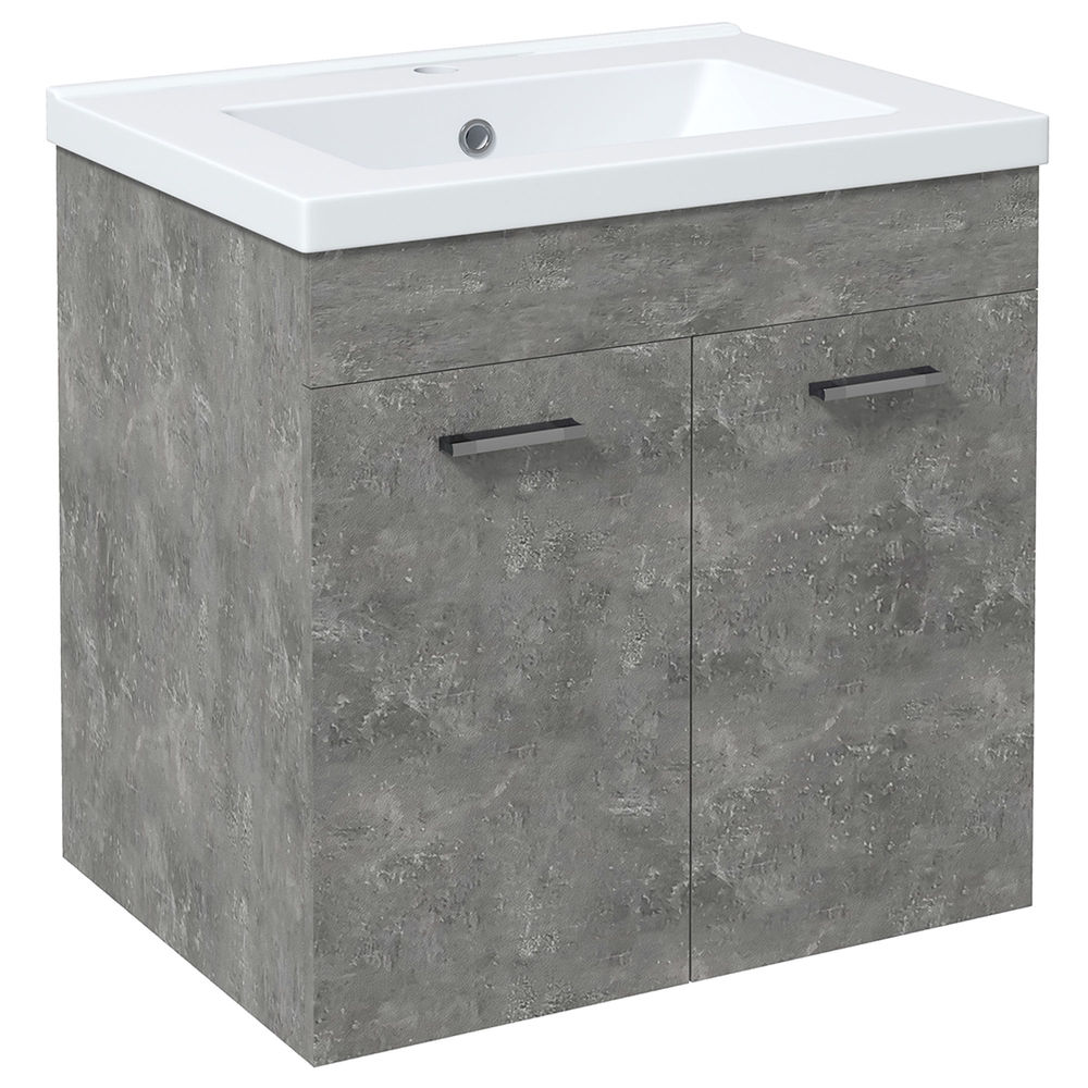 Un mueble de baño gris con dos puertas y tiradores cromados.