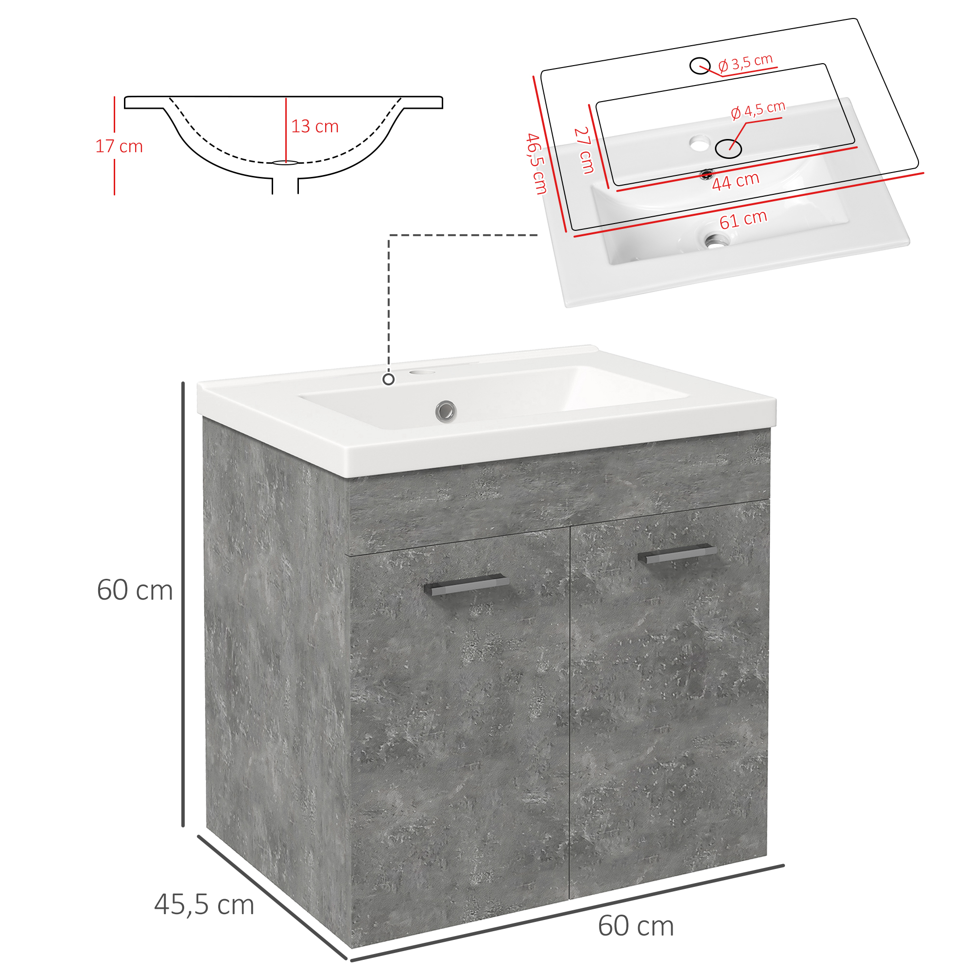 Gabinete de tocador gris con lavabo blanco, dimensiones en cm. Diagrama detallado.