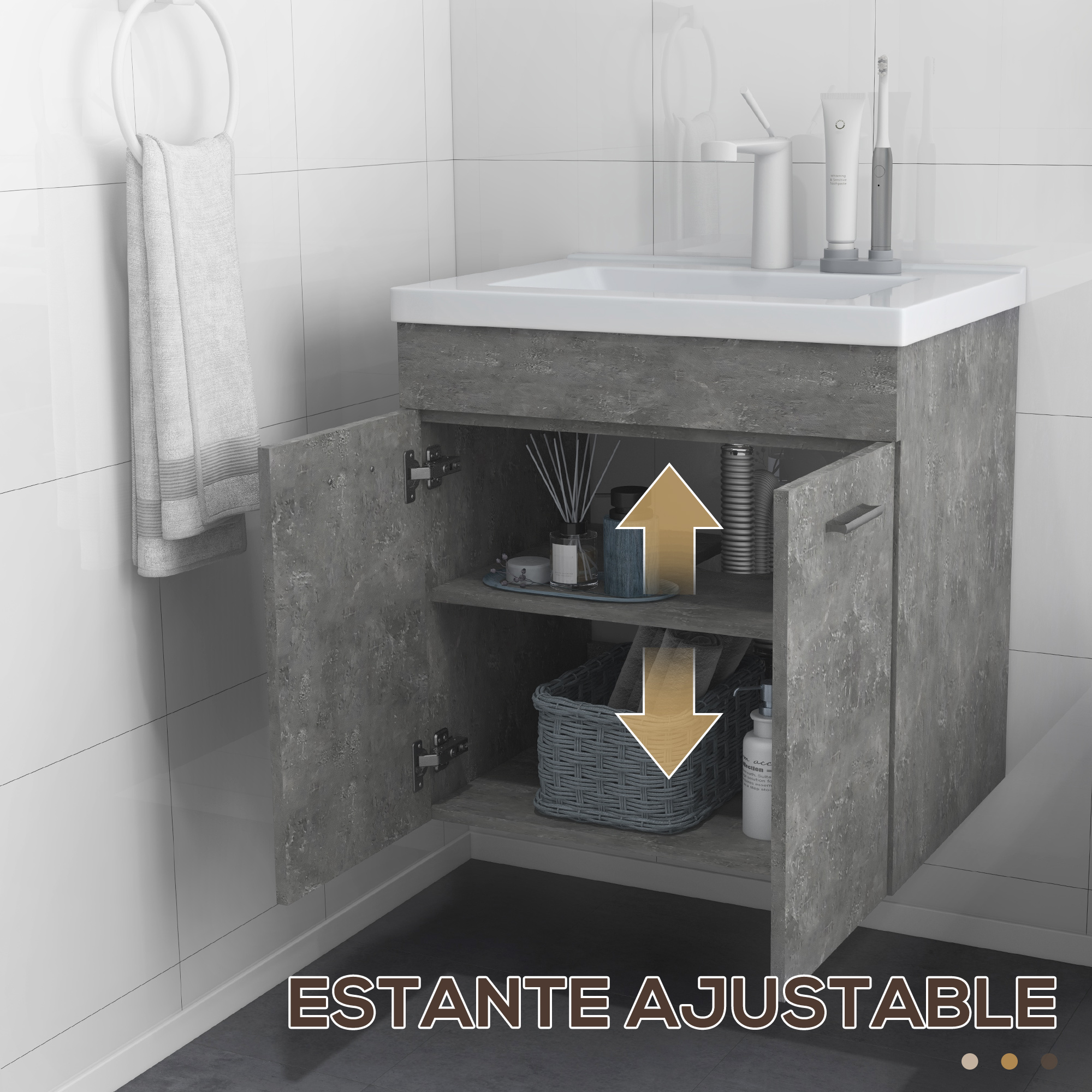 Mueble de baño con lavabo, puerta abierta, toalla y almacenamiento.