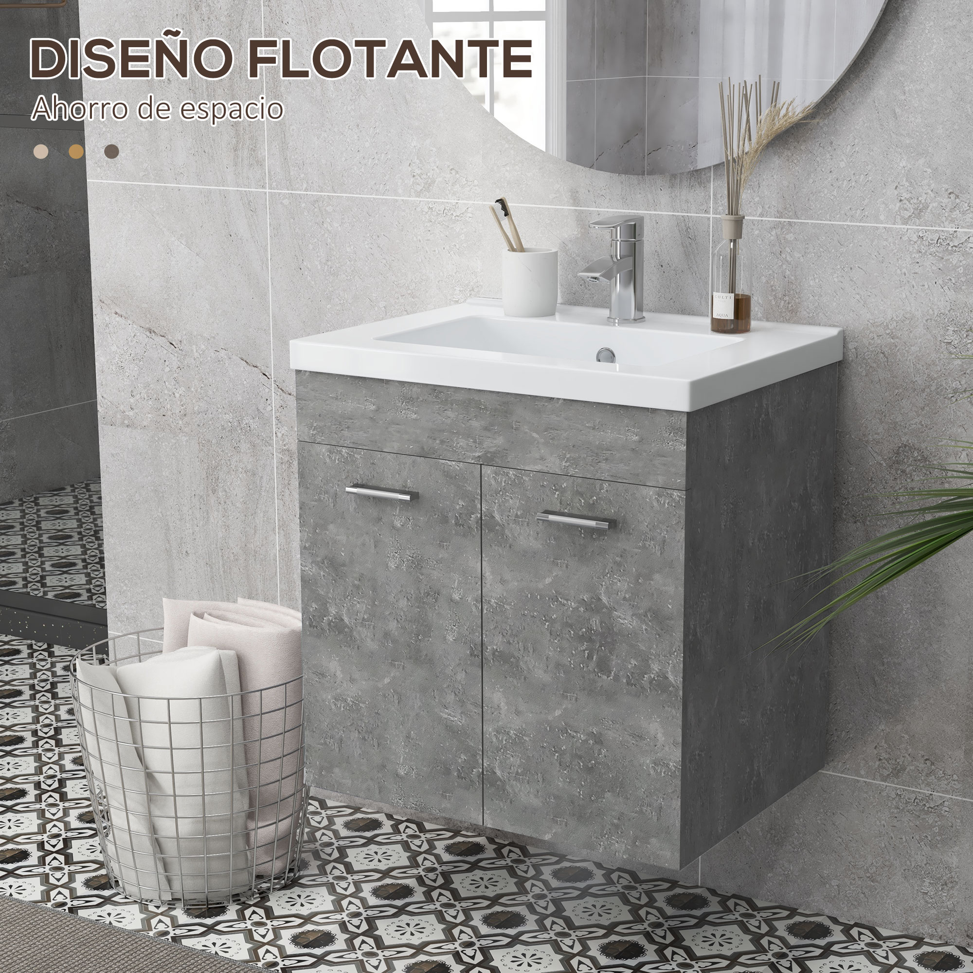 Un tocador de baño flotante con aspecto de hormigón. Toallas en una cesta de alambre.
