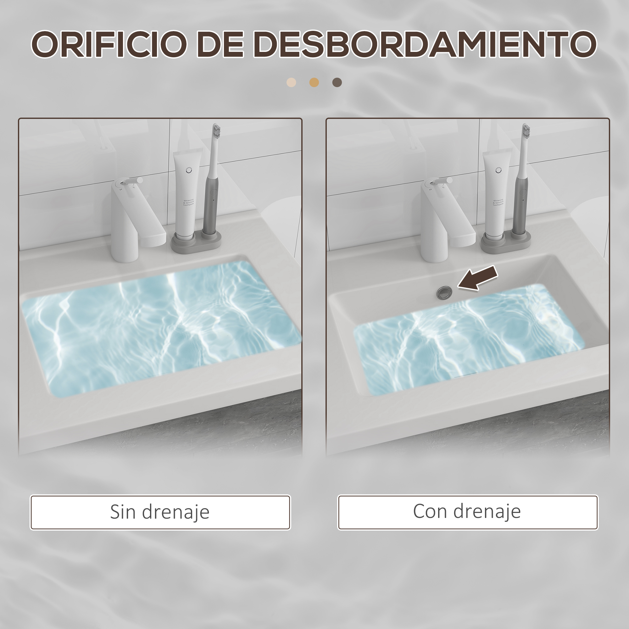 Se muestran dos lavabos uno al lado del otro, uno sin rebosadero y otro con rebosadero.