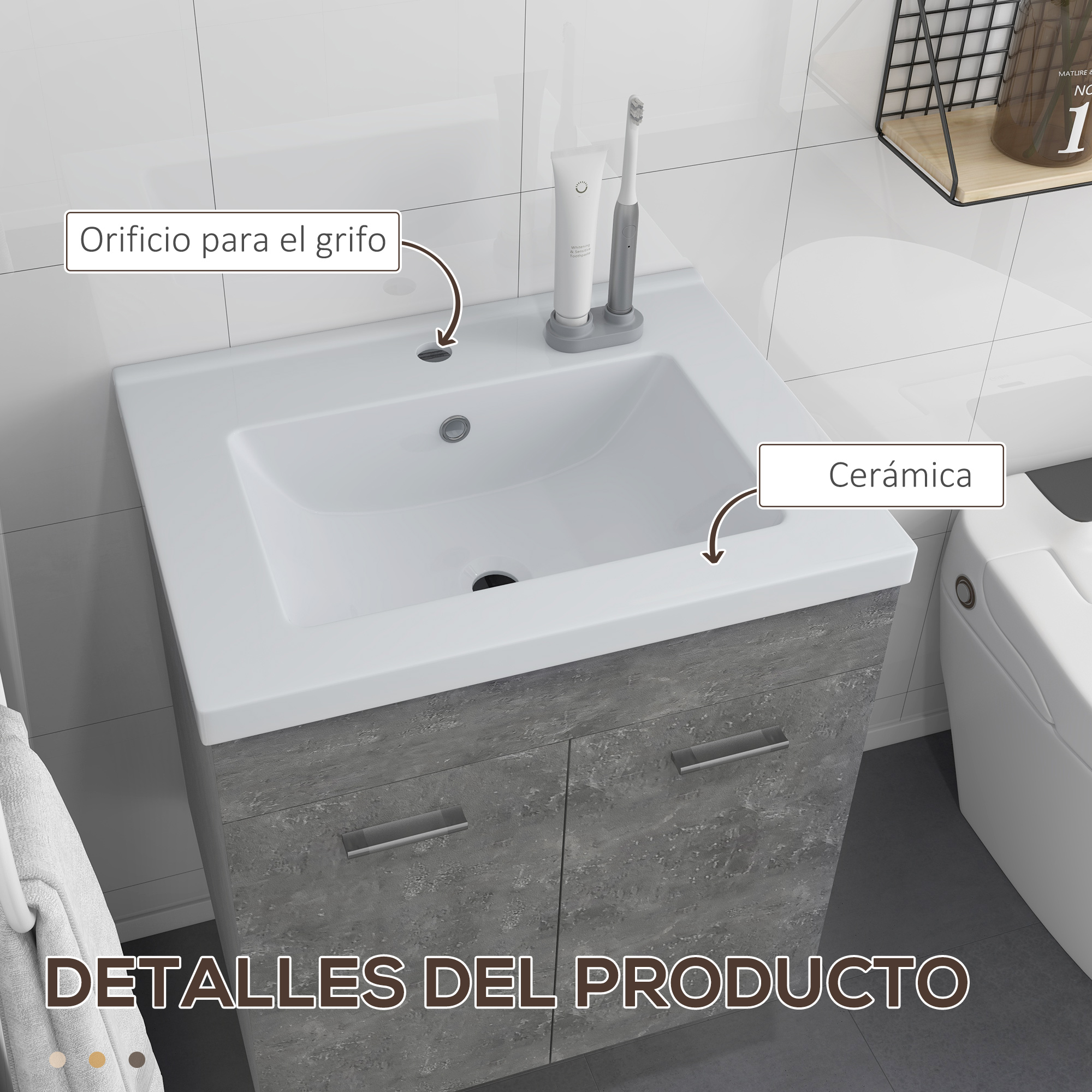 Un mueble de baño gris efecto hormigón con un lavabo de cerámica blanco.
