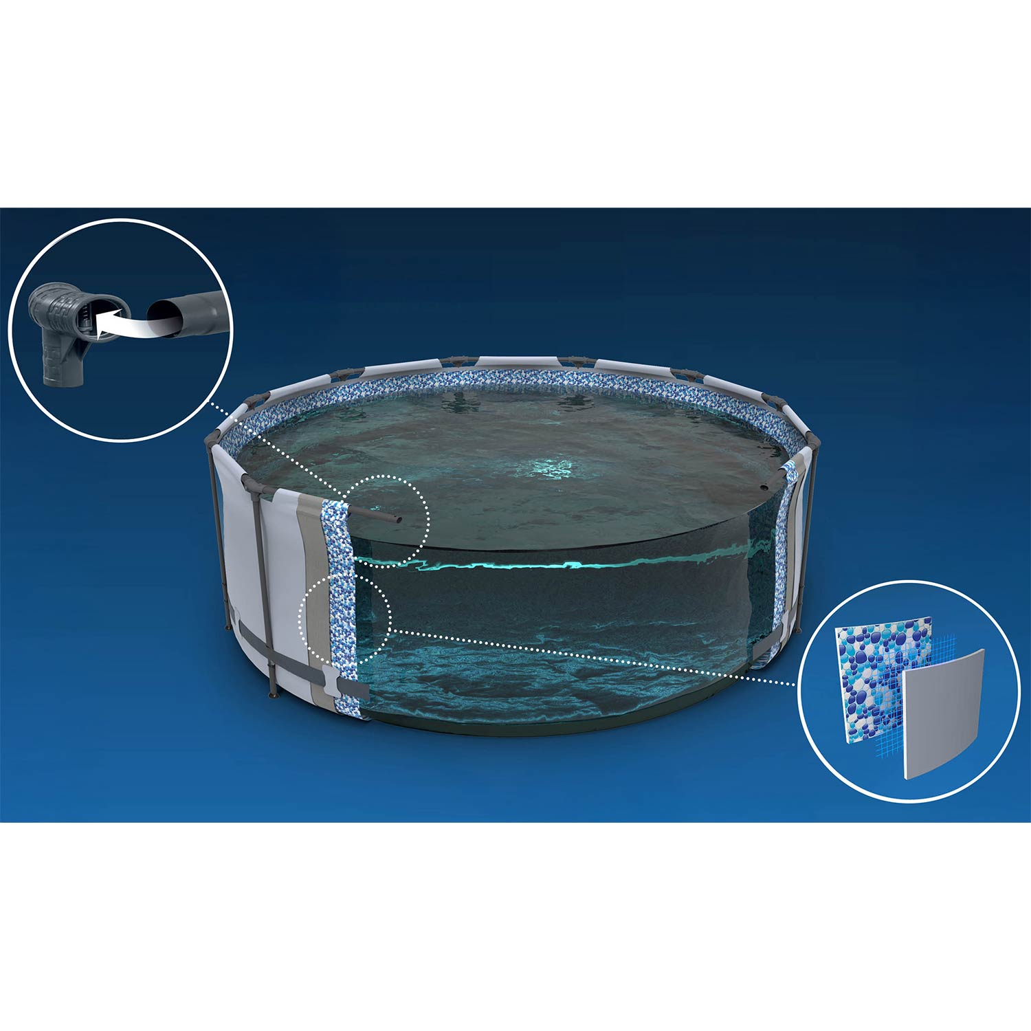 Widok przekroju basenu pokazujący warstwy materiału i szczegóły rury odpływowej.