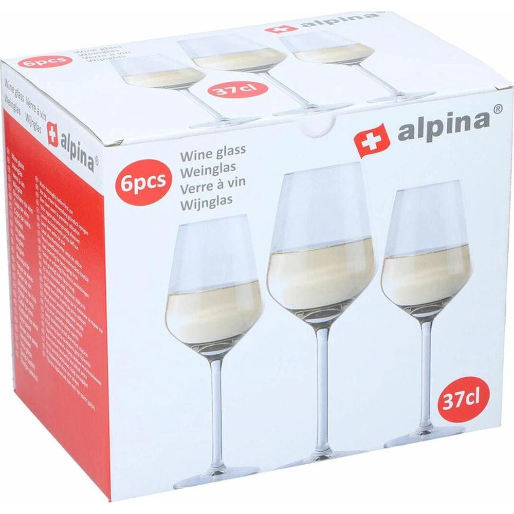 Box of 6 Alpina wine glasses, each 37cl, filled with white wine.