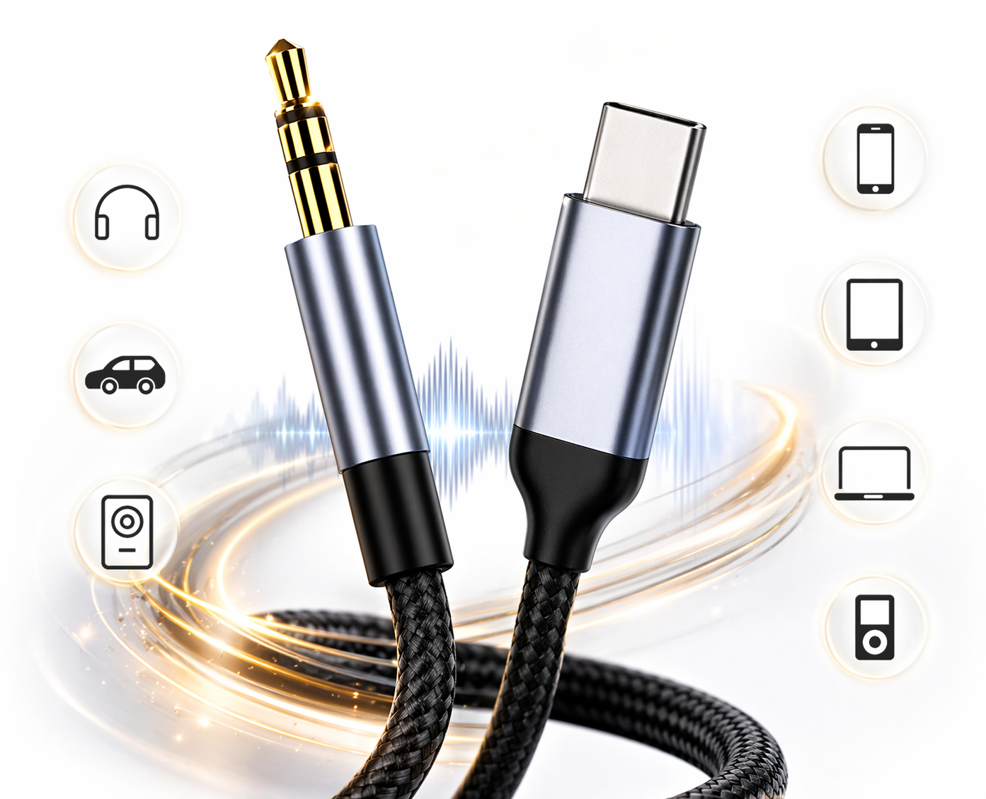 Wtyk jack 3,5 mm i wtyczka USB-C połączone czarnym kablem.