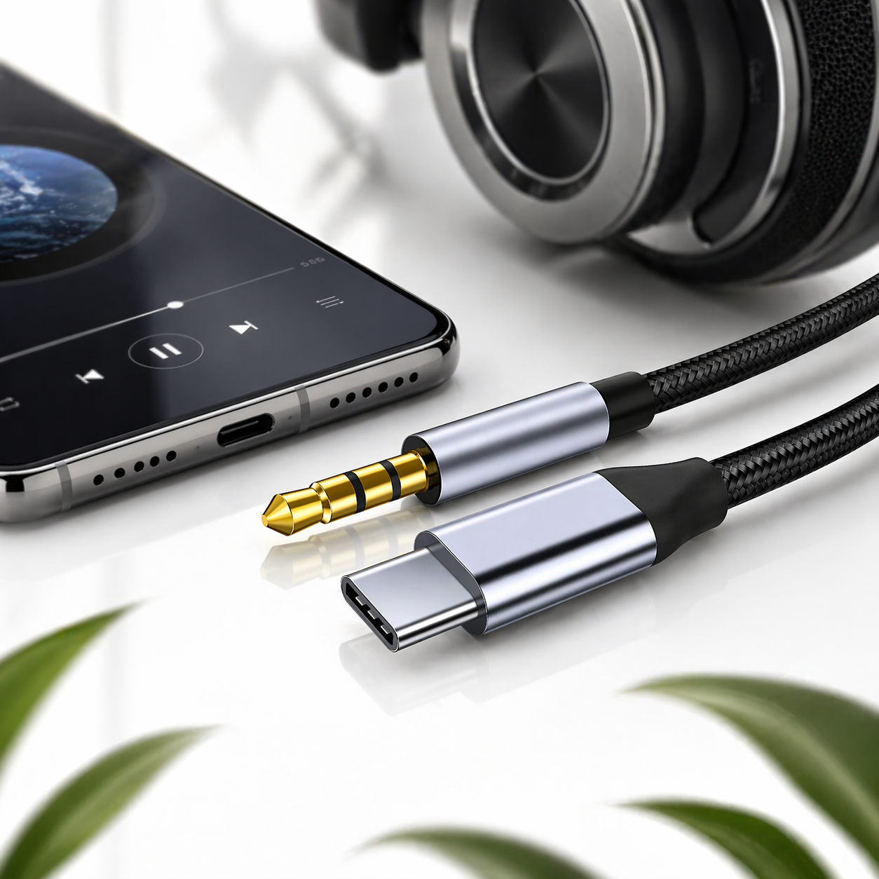 Telefon, kabel audio USB-C do 3,5 mm i słuchawki na białej powierzchni.