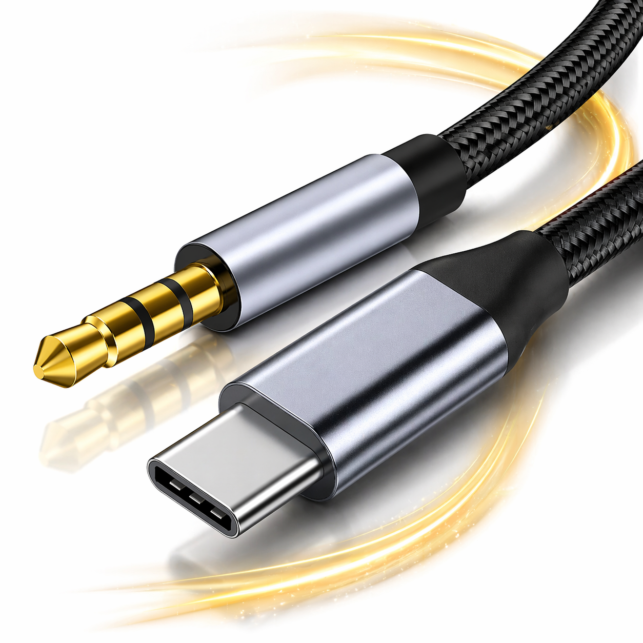 Wtyk USB-C i wtyk audio 3,5 mm z czarnym kablem.