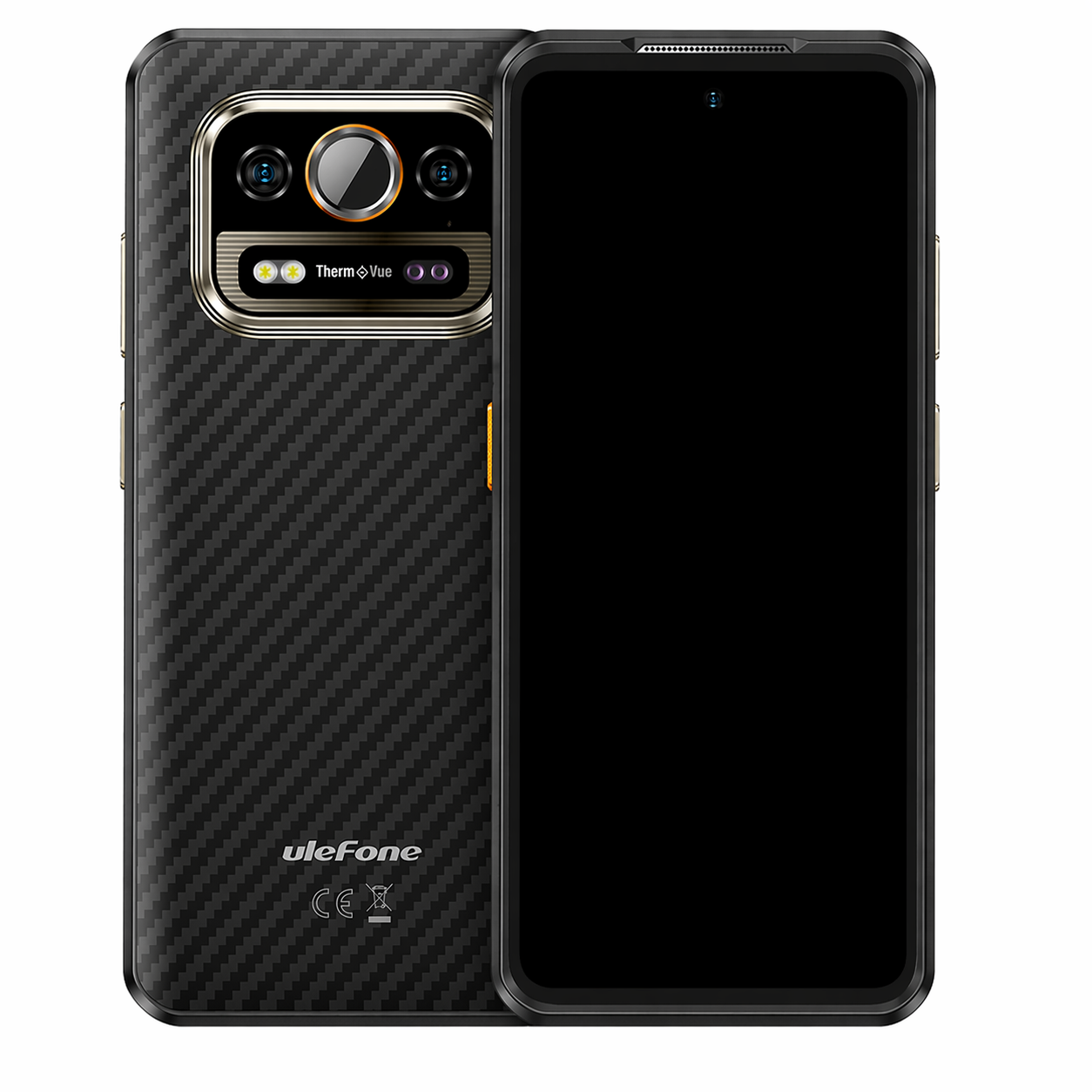 Smartphone nero con retro a fantasia carbonio, tre fotocamere e finiture dorate.