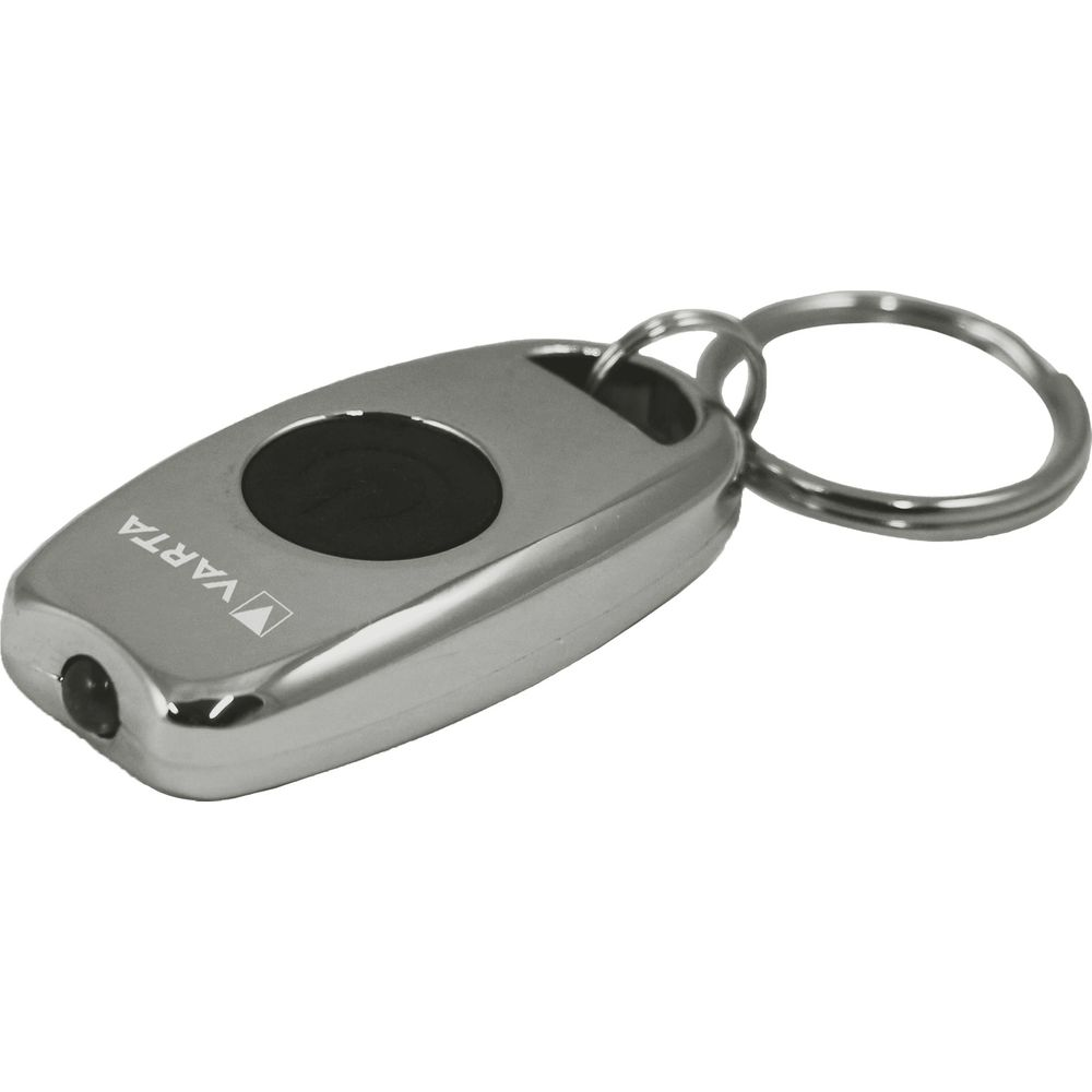 Un porte-clés argenté avec la marque VARTA et une petite lumière LED.