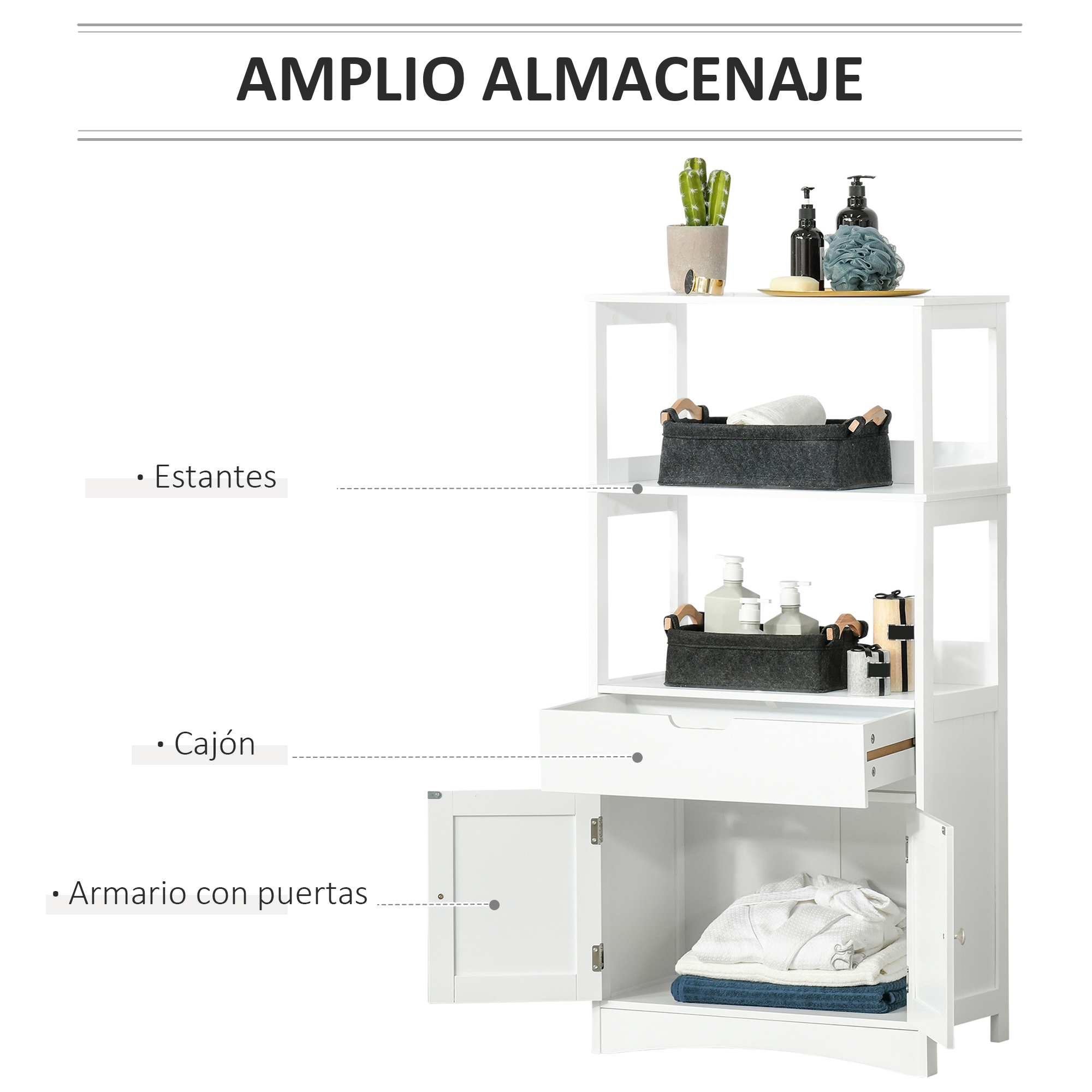 Un mueble blanco con estantes, cajón y puerta de armario, con toallas y jabón.