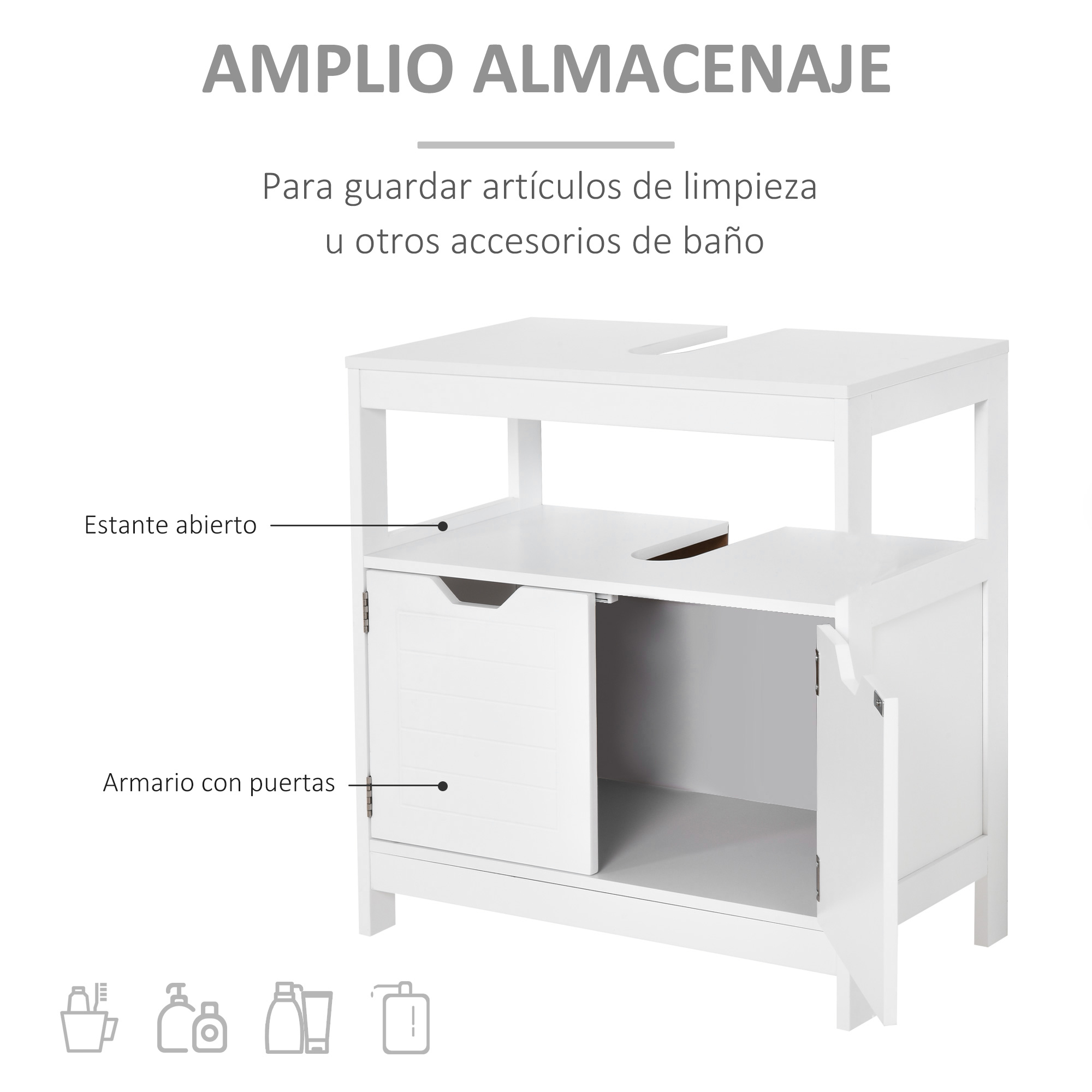Mueble de baño blanco con estante abierto y armario con puerta. Apto para artículos de baño.