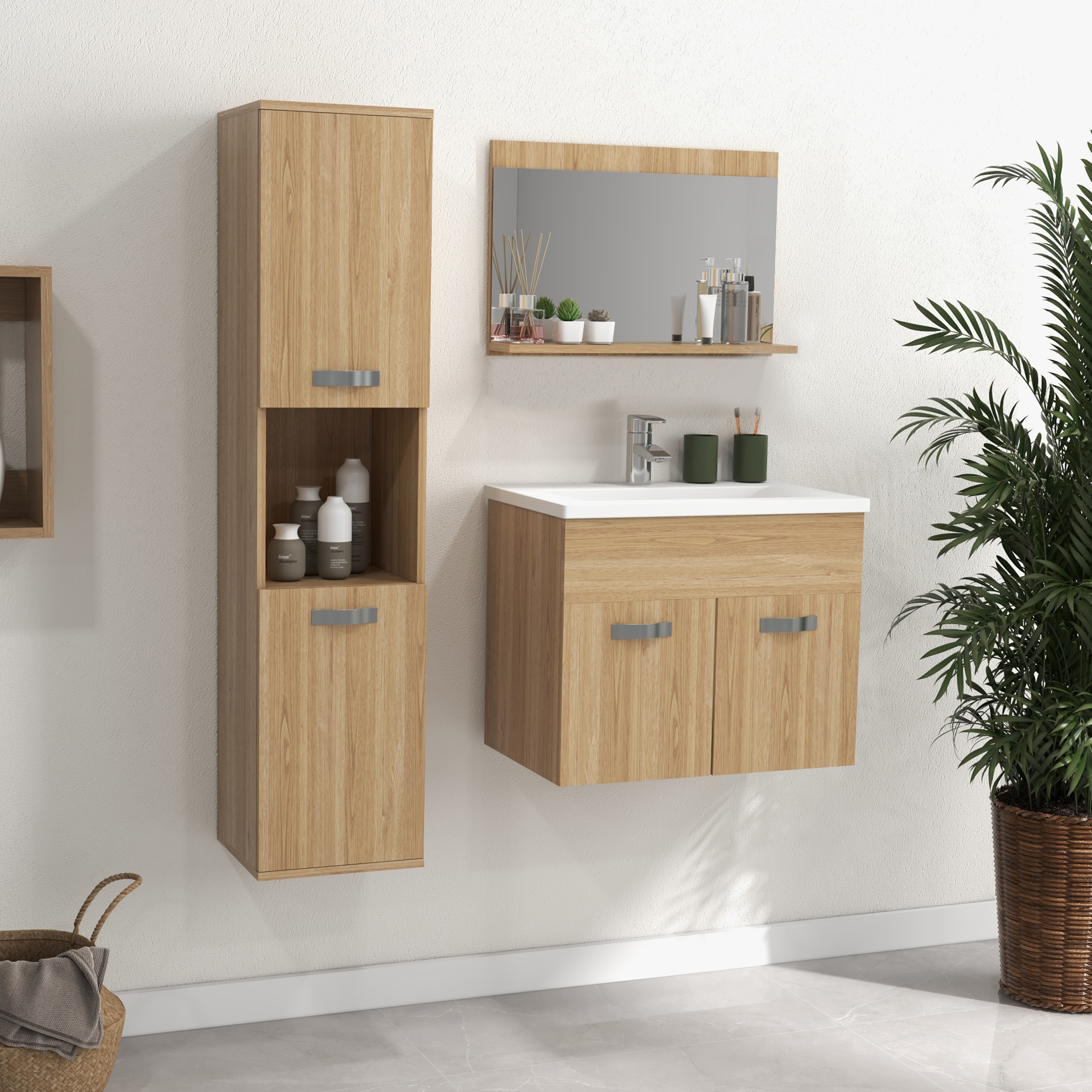 Muebles de baño con veta de madera, espejo, lavabo y plantas.