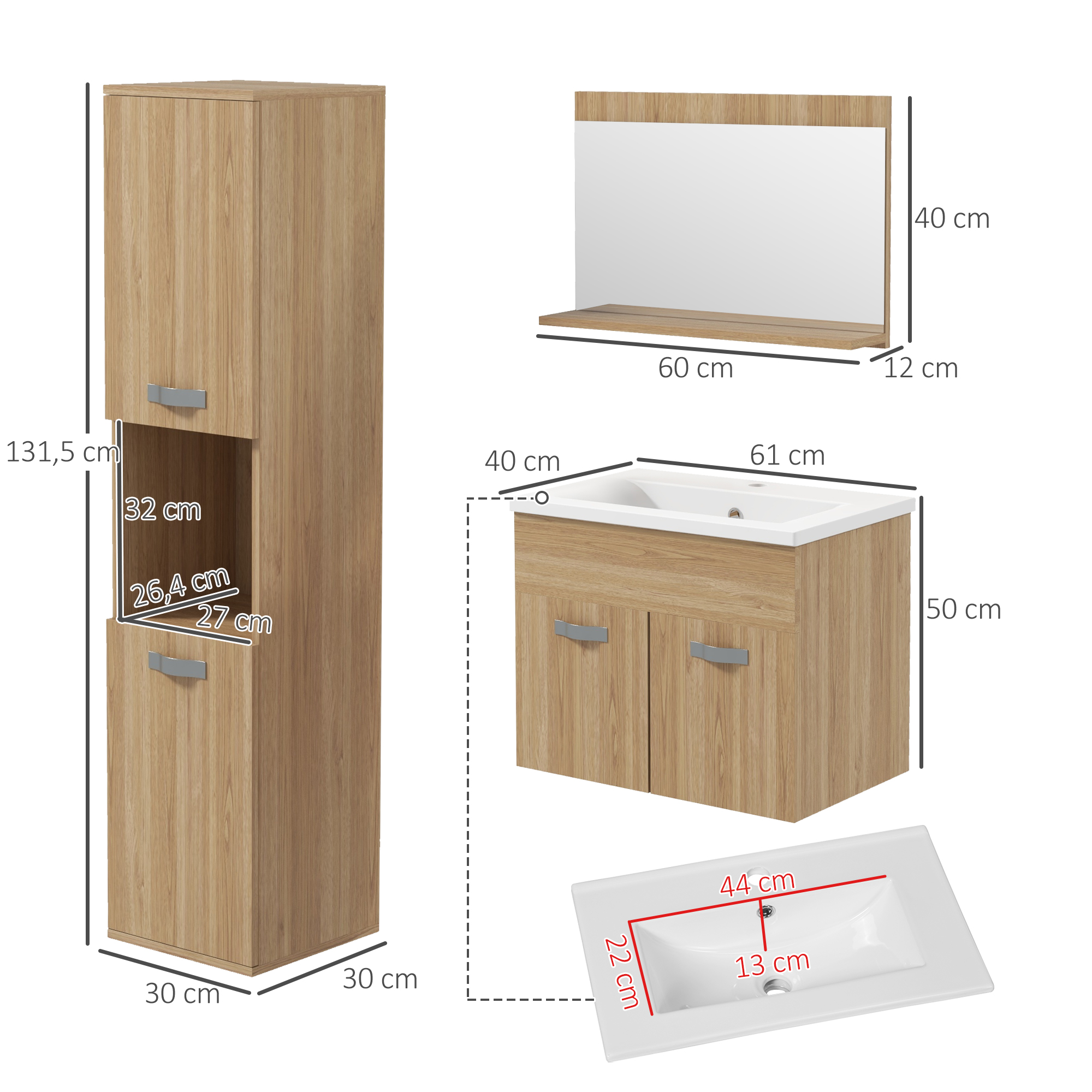Muebles de baño con dimensiones: mueble alto, mueble de espejo, mueble de lavabo.
