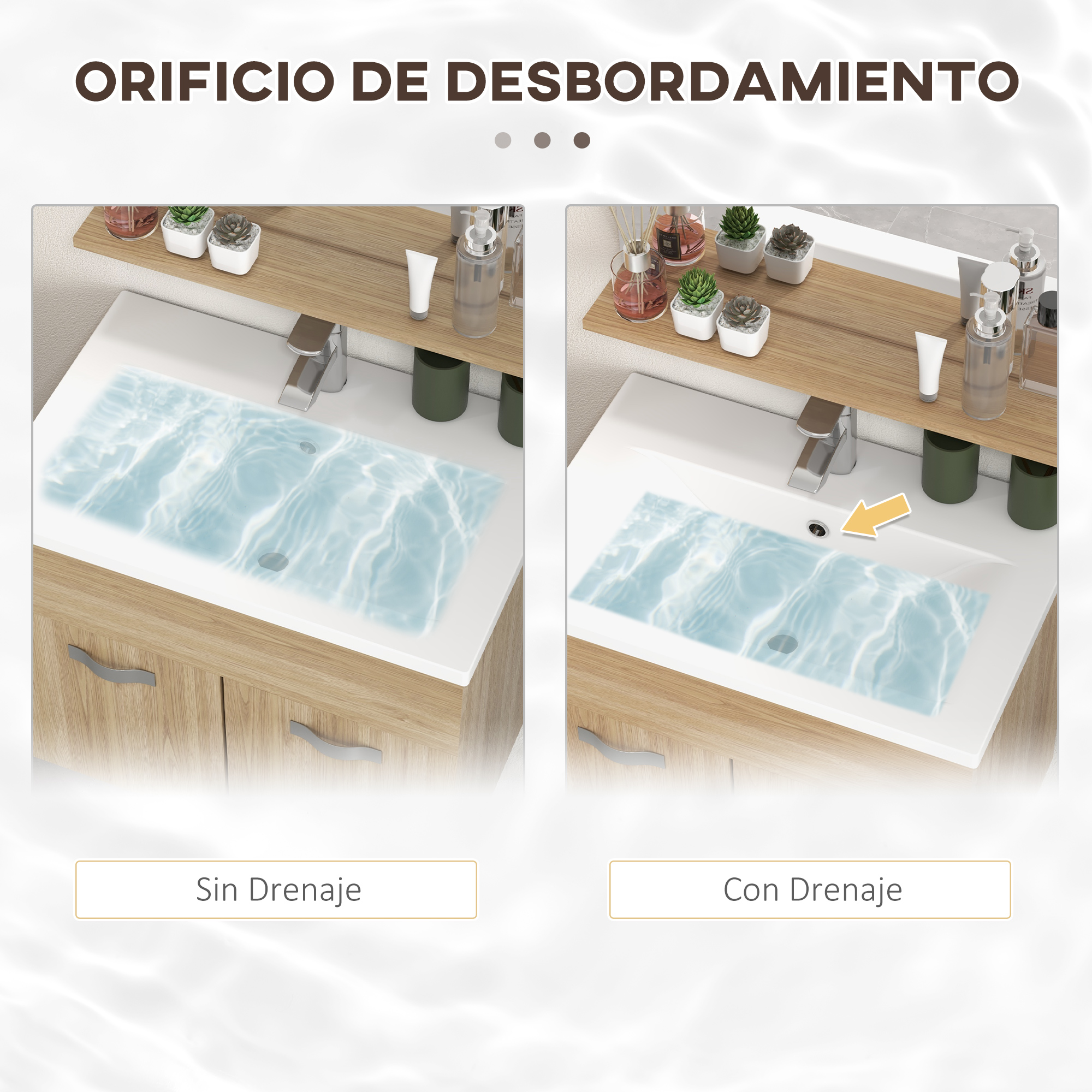 Comparación de lavabos: izquierda sin desagüe, derecha con desagüe, ambos con agua.