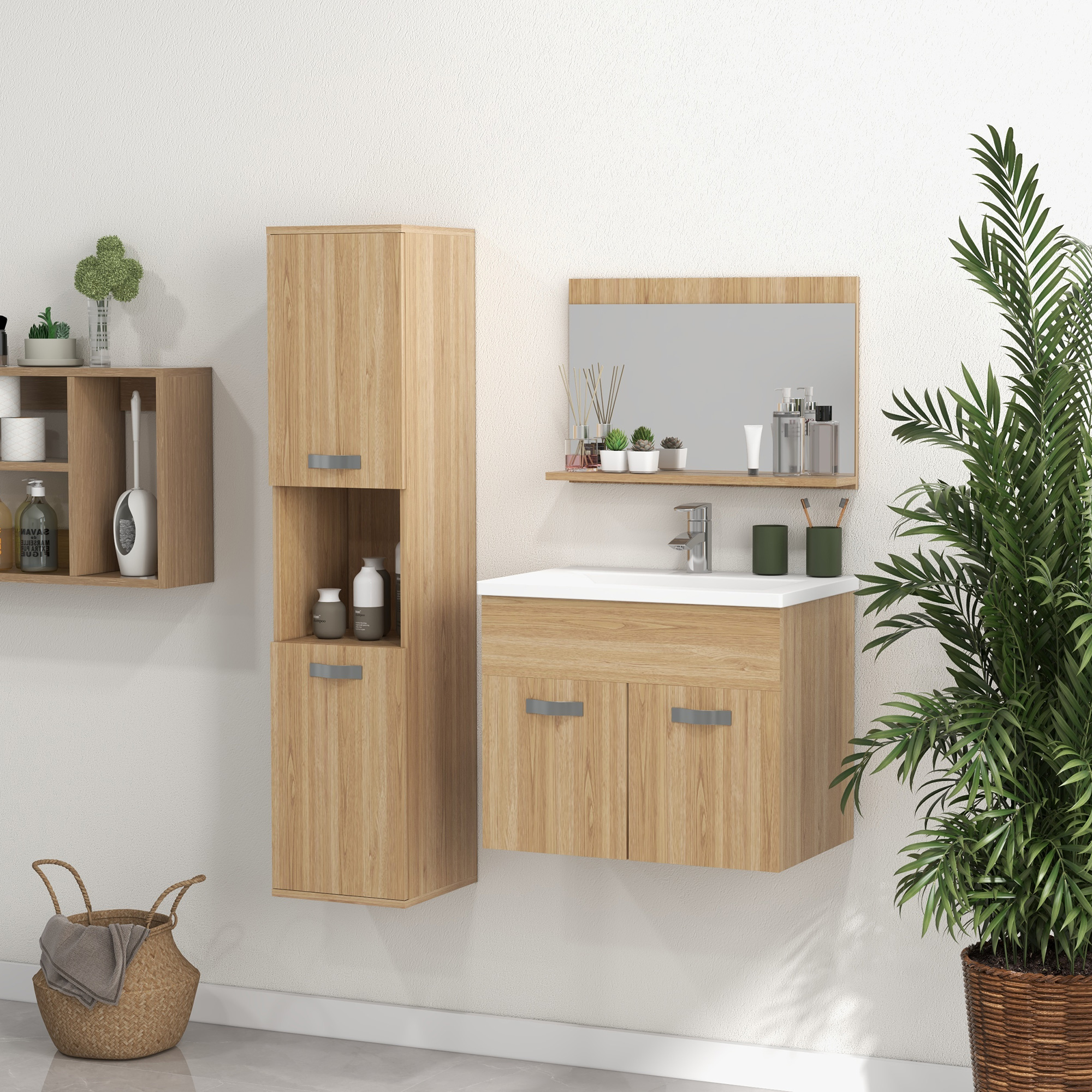 Un baño con muebles de madera, lavabo, espejo, plantas y una cesta.