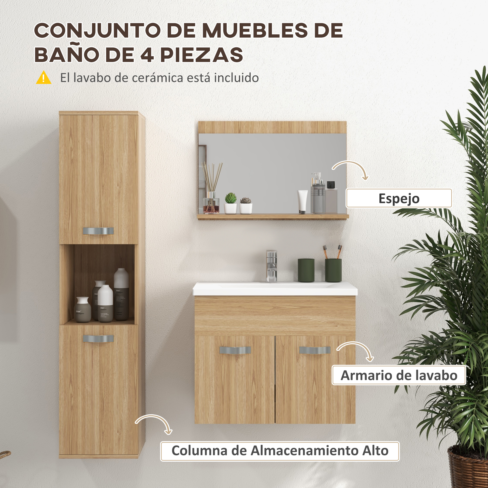 Un conjunto de muebles de baño de madera con mueble alto, lavabo y espejo.