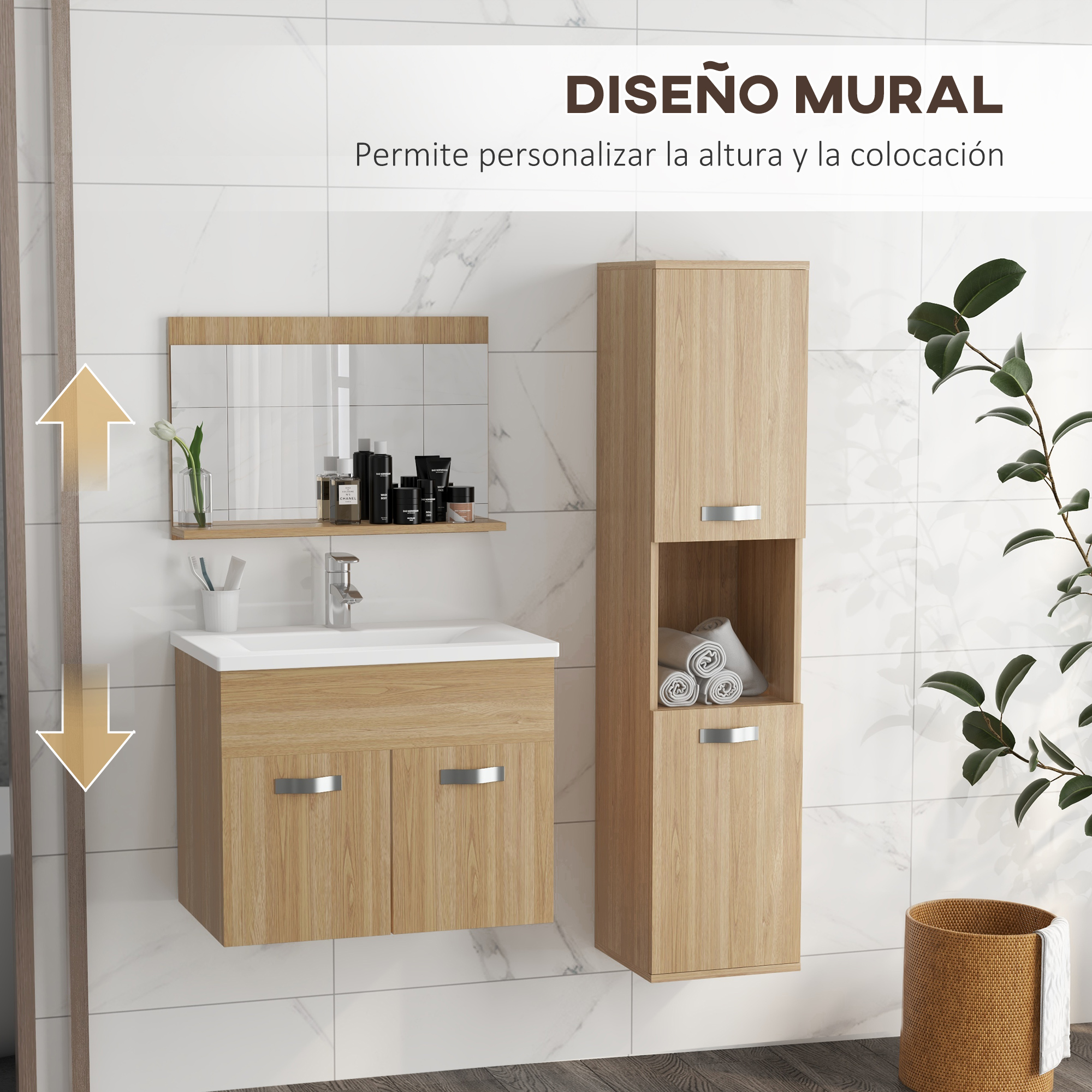Un tocador de baño con lavabo, espejo, almacenamiento y planta.