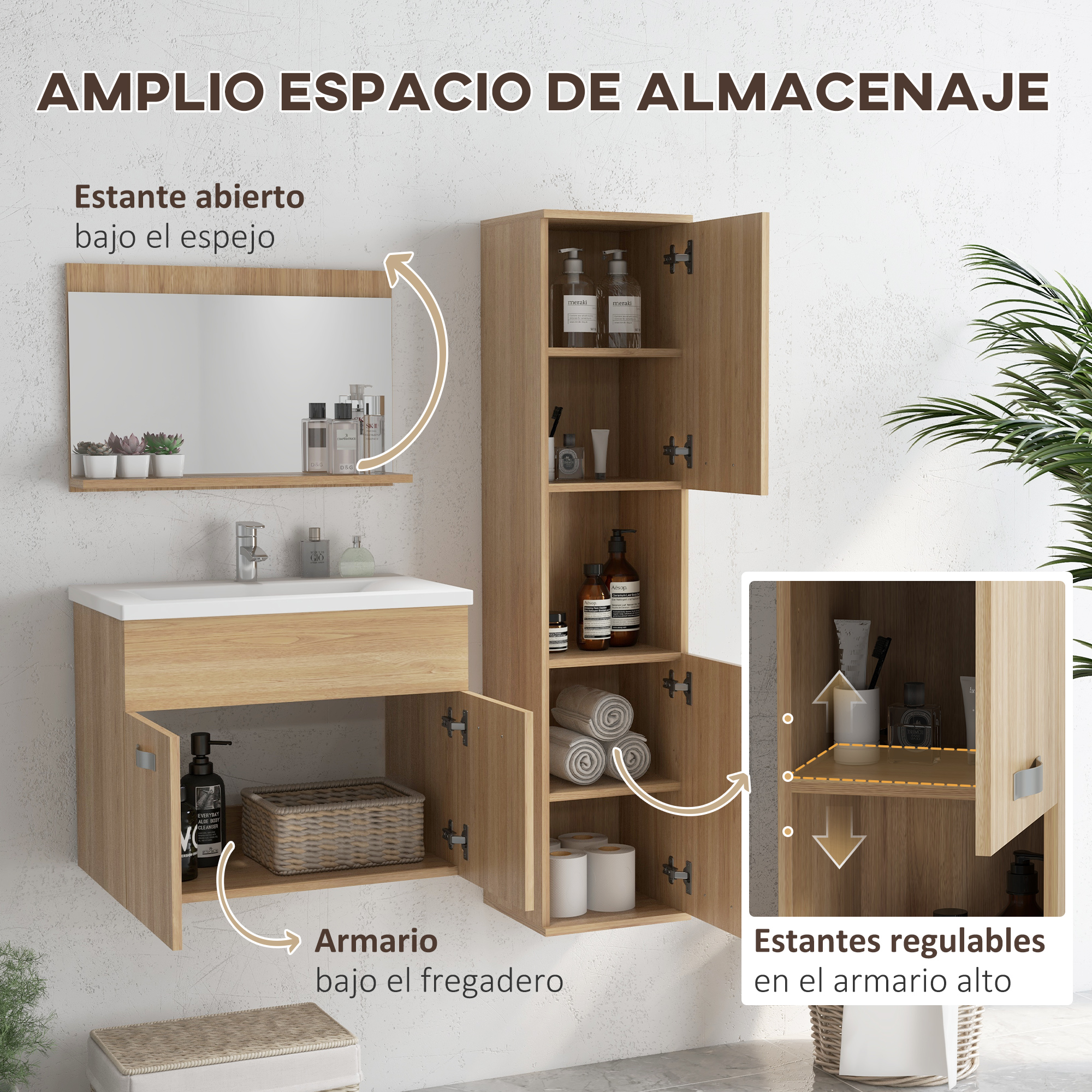 Mueble de baño de madera con espejo, lavabo y armarios abiertos.