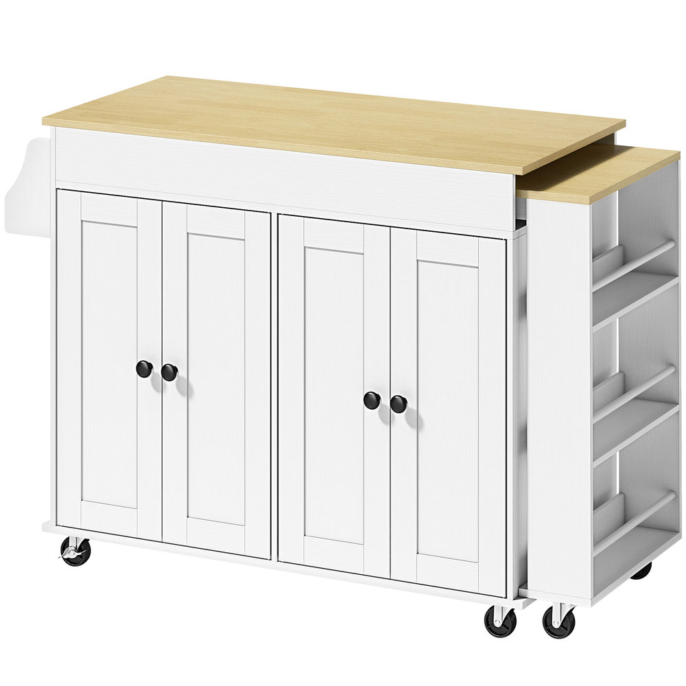Un carrito de cocina blanco con tapa de madera, dos puertas dobles y estantes abiertos.