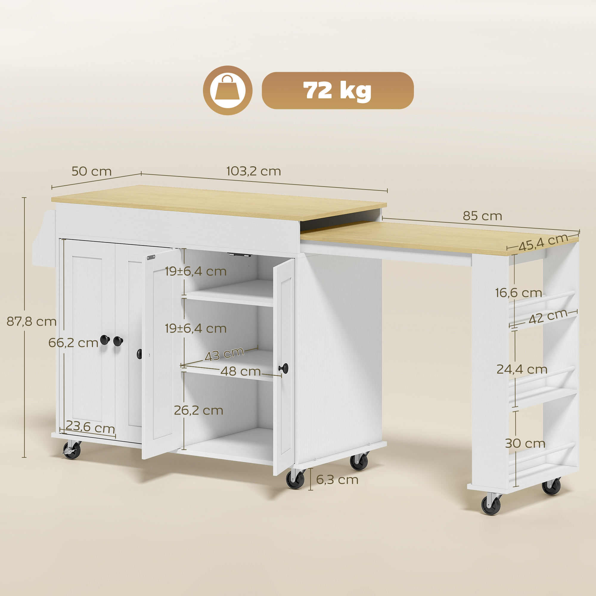 Un carrito de cocina blanco con tapa de madera, cajones, estantes y ruedas.