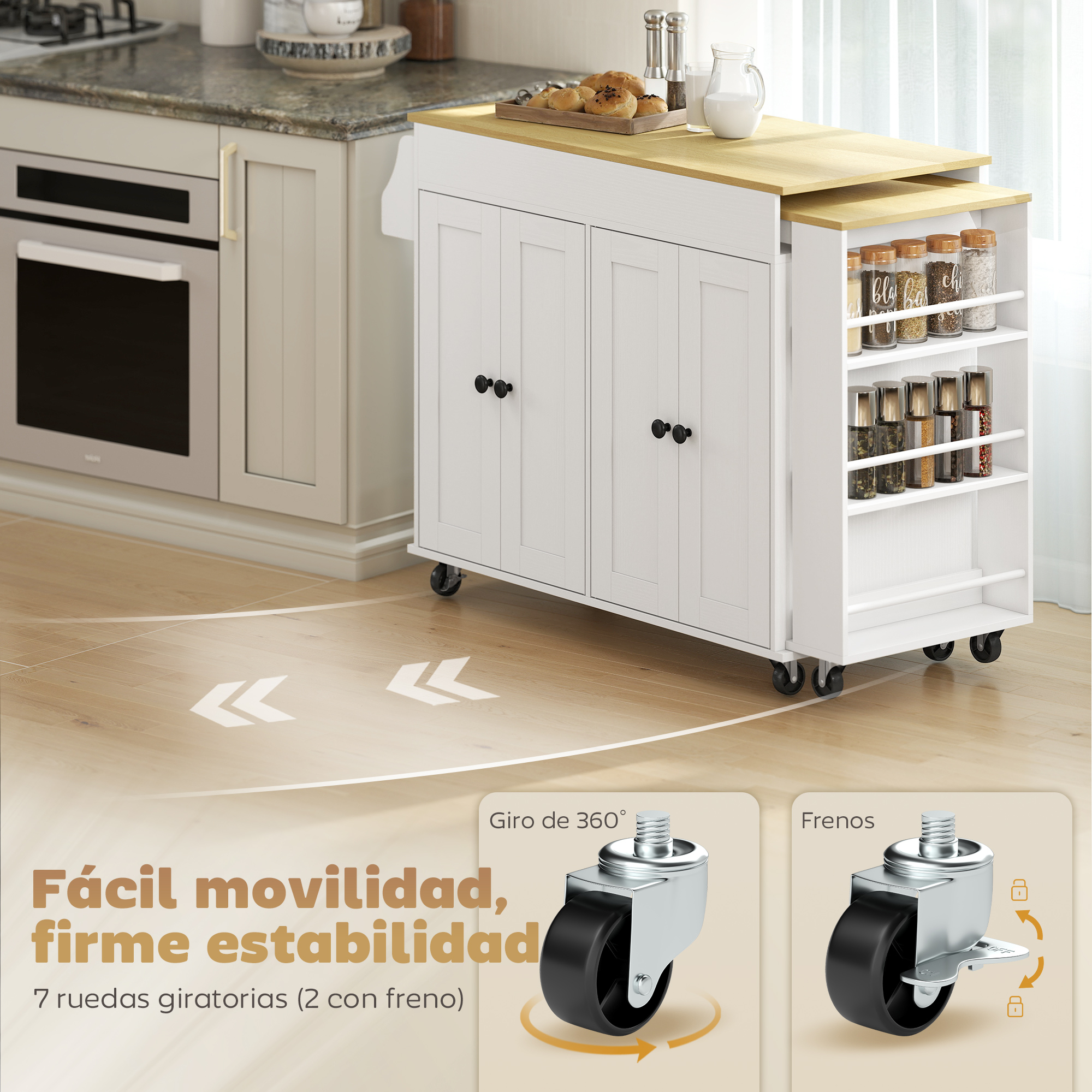 Un carrito de cocina blanco con tapa de madera, estantes de especias y armarios.